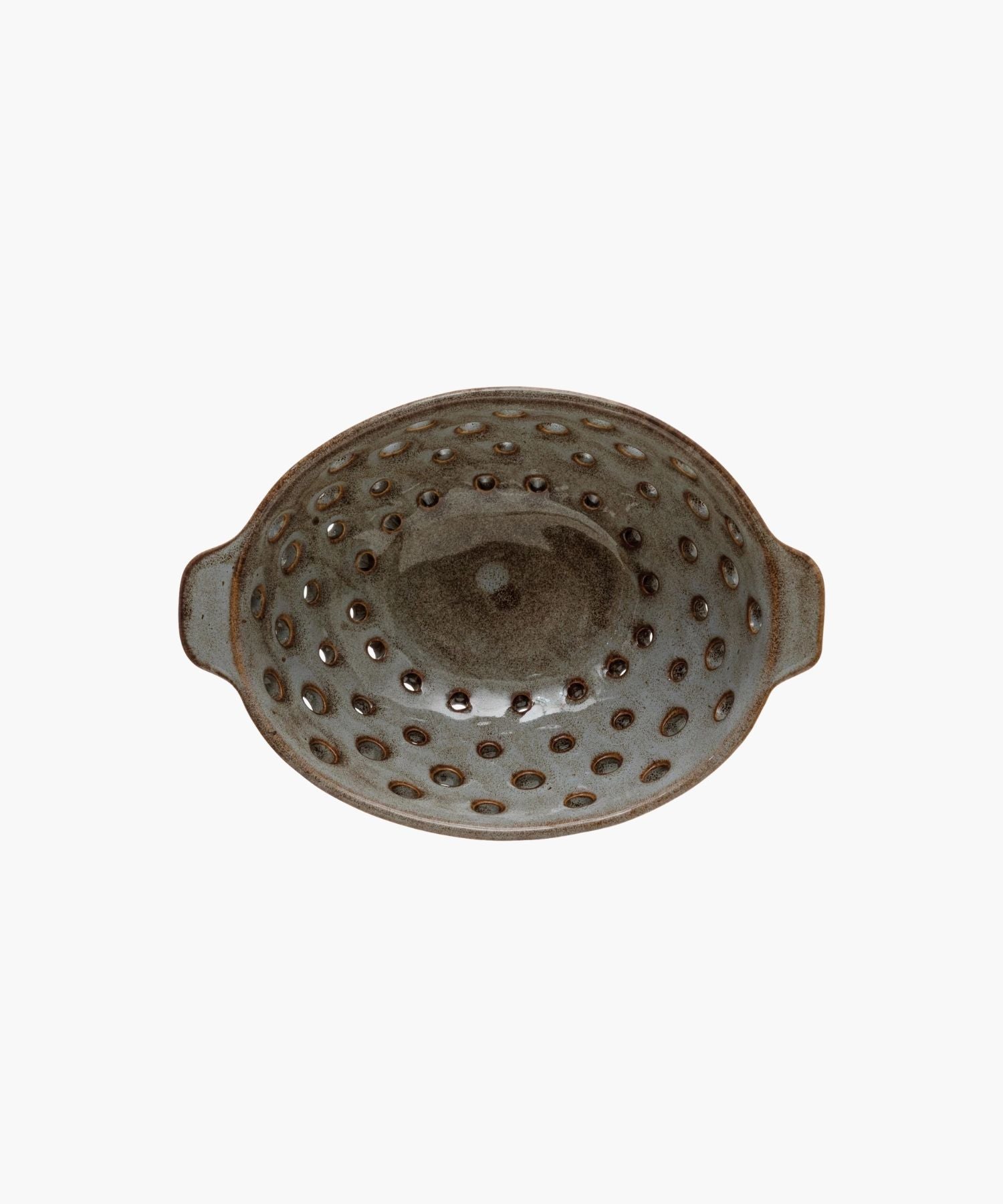 Overhead view of a ceramic colander or berry bowl with a rustic design, featuring a speckled brown glaze and evenly spaced holes. It conveys a handcrafted, earthy aesthetic.