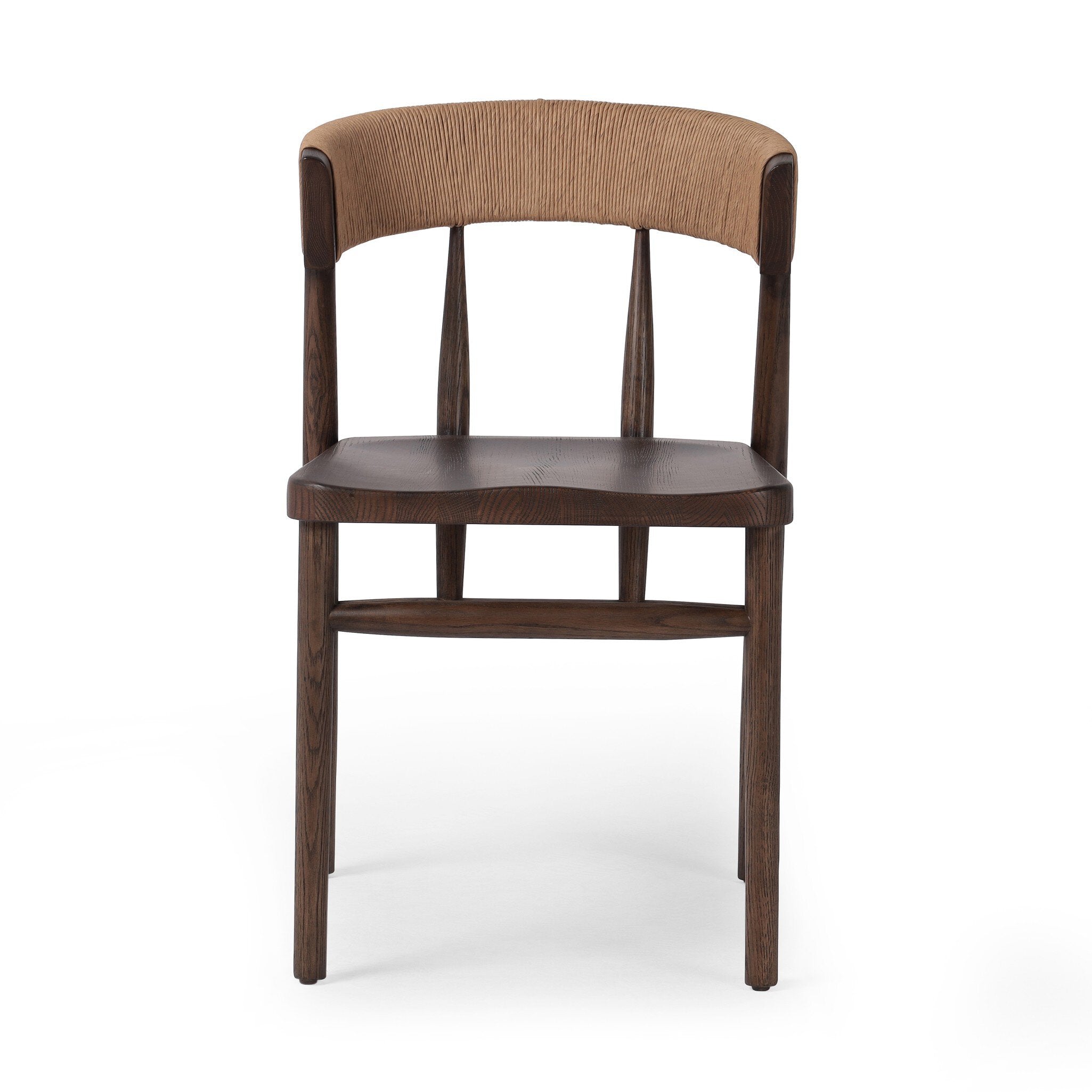 Solid oak dining chair with tapered legs and a woven backrest on a white background.