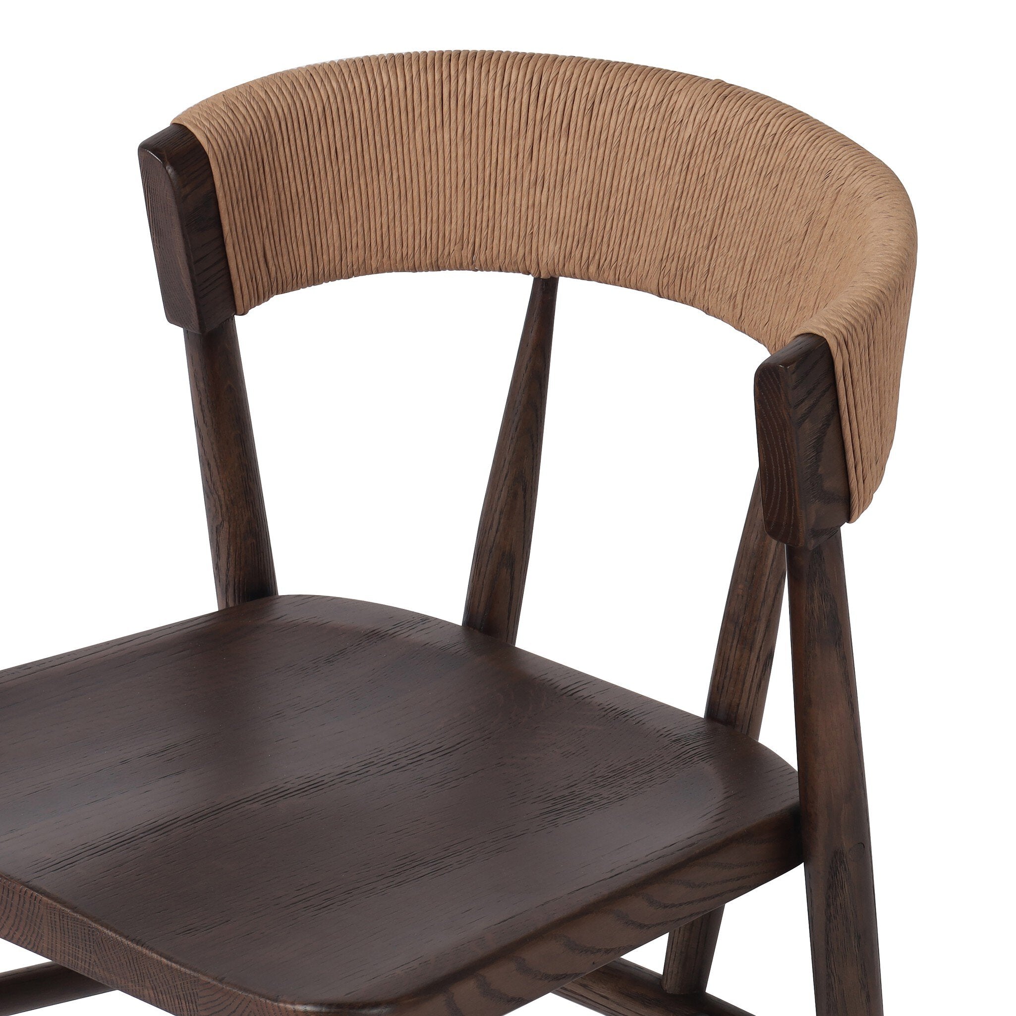 Solid oak dining chair with tapered legs and a woven backrest on a white background.
