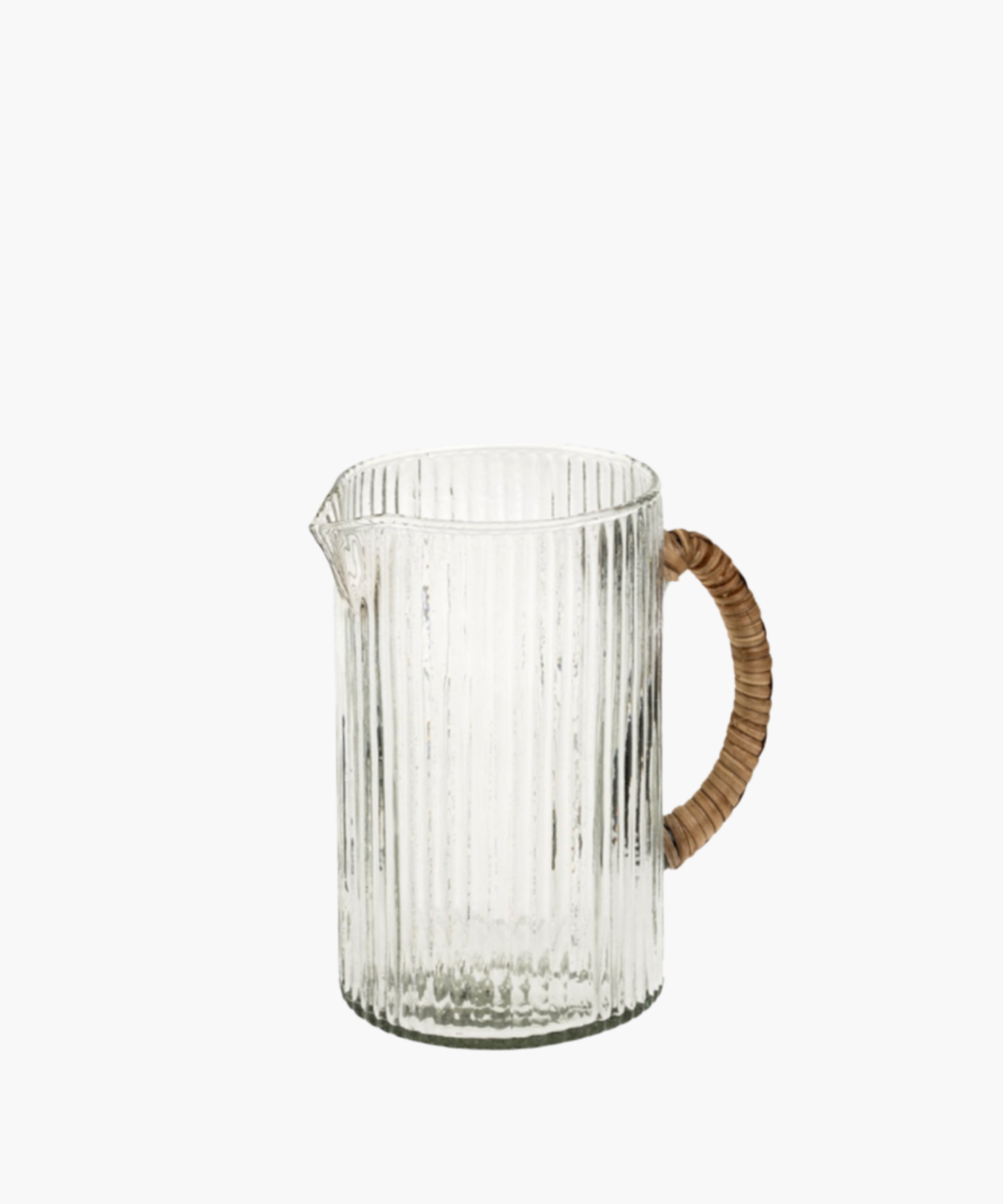 Glass pitcher with vertical ridges, featuring a curved, woven cane handle. The design is simple and elegant, exuding a rustic yet modern charm.