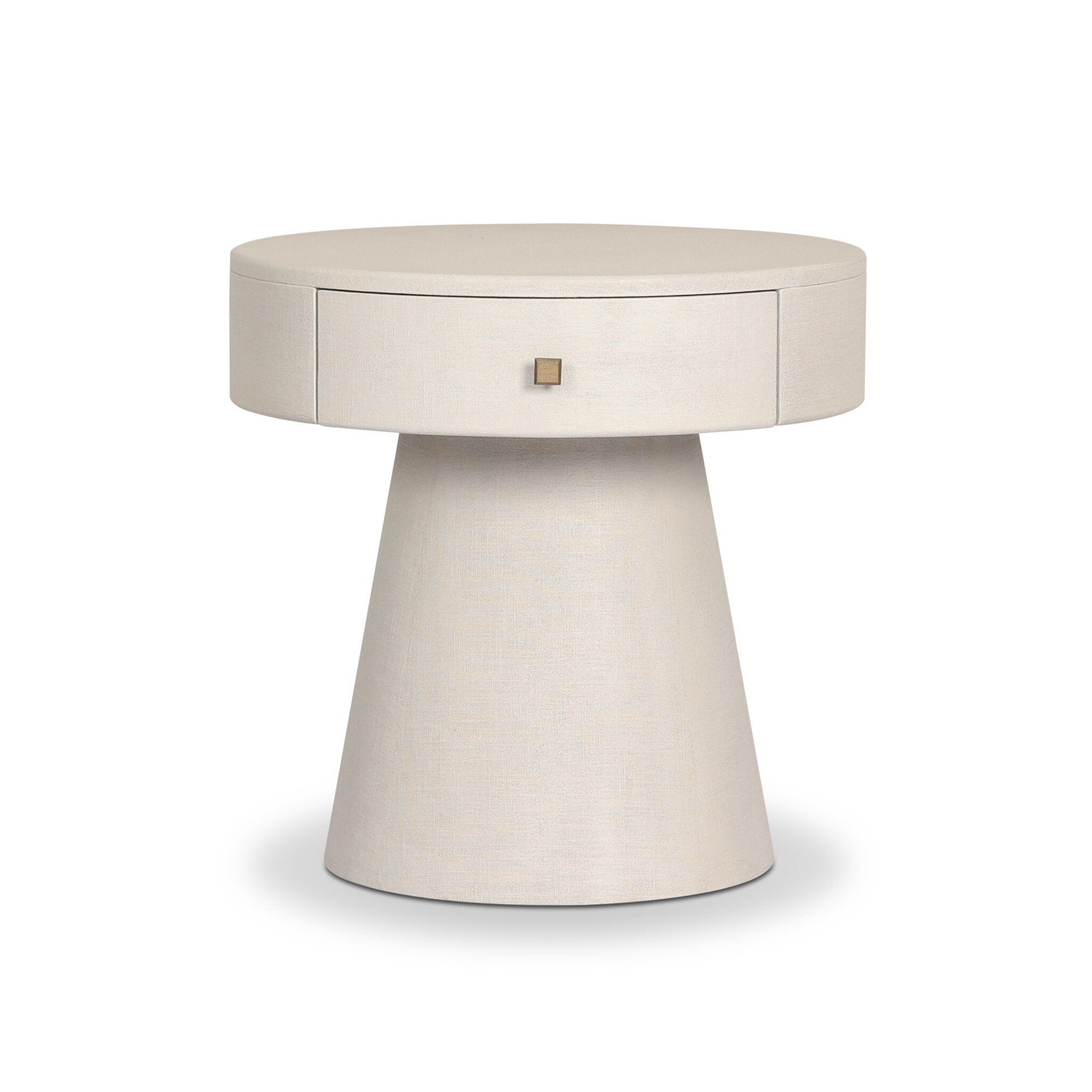 A rounded nightstand with a single drawer and tapered pedestal base on a white background.