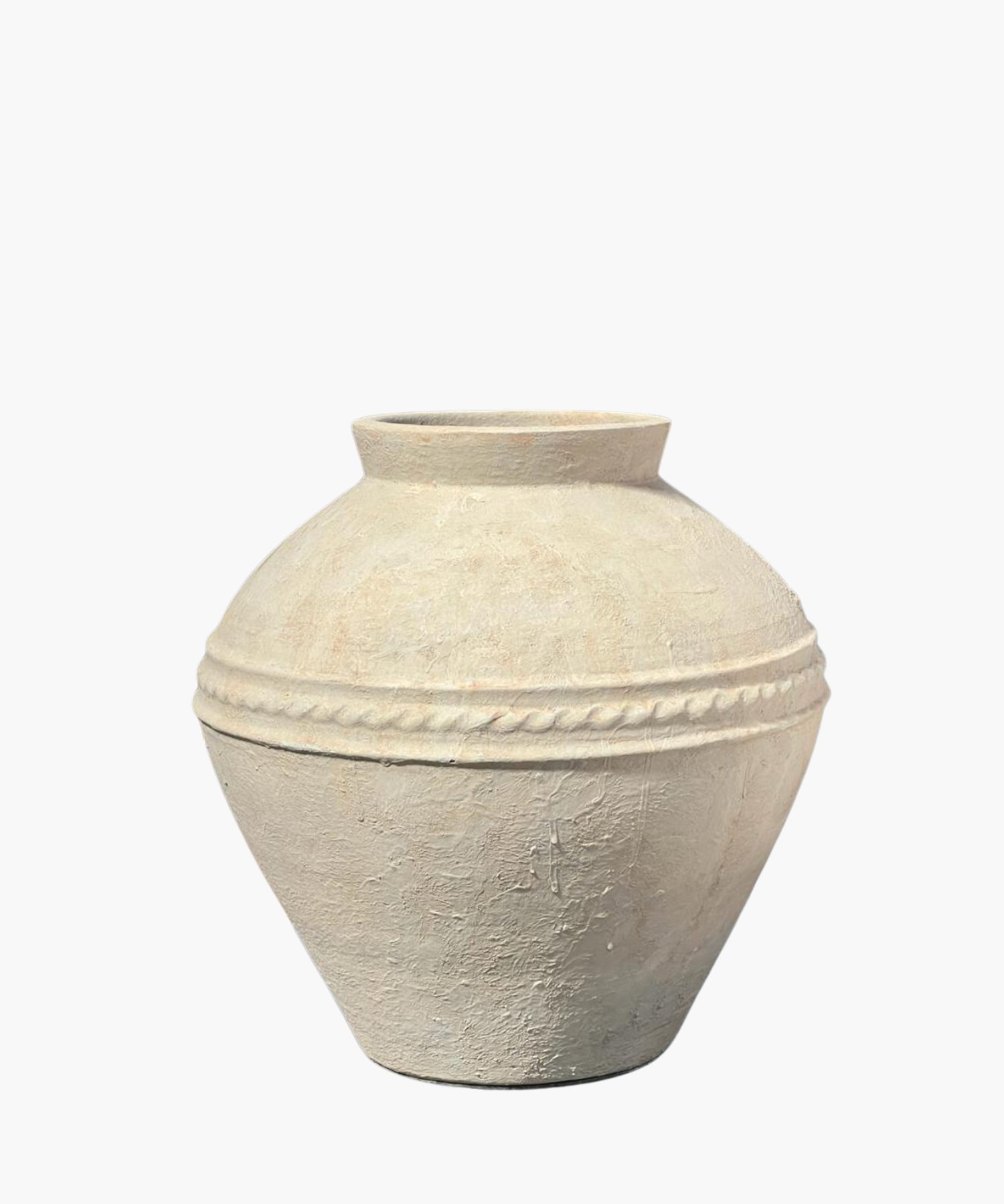 A textured, beige clay vase with a rounded body and a slightly narrow top. It features a horizontal braided pattern around the middle, conveying an earthy, rustic tone.