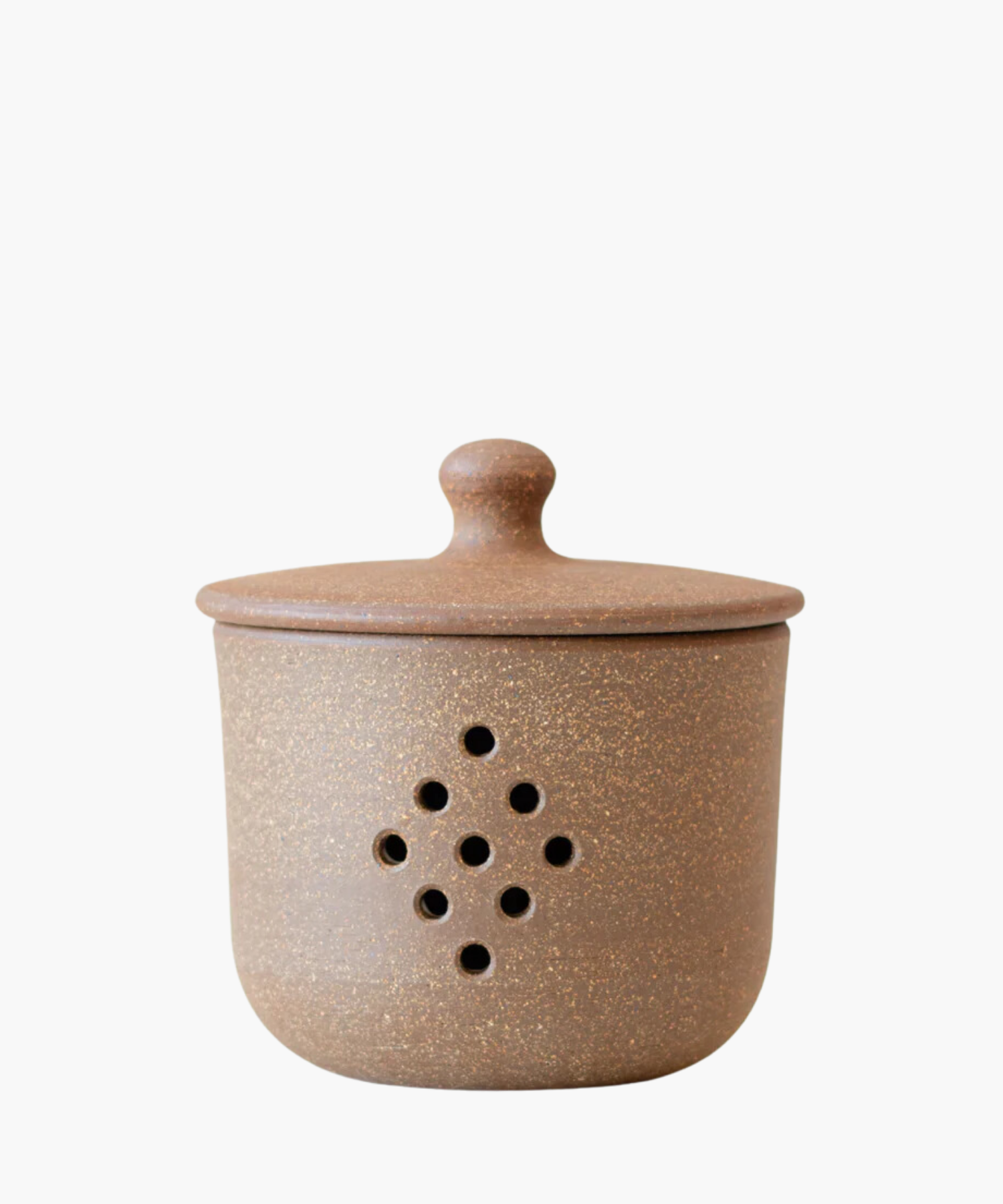 A round, speckled brown pottery garlic keeper with a fitted lid, featuring nine ventilation holes in a diamond pattern. The tone is rustic and earthy.