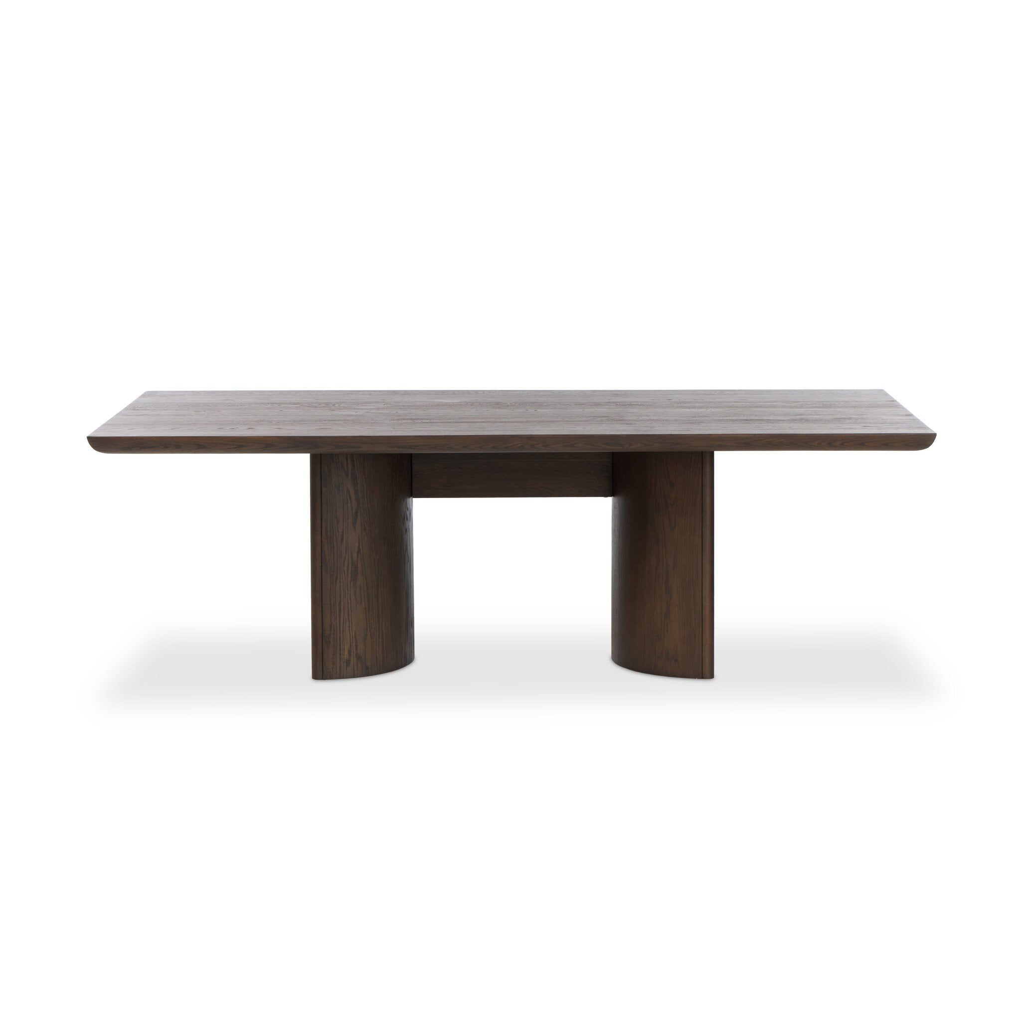 Wood dining table with a minimalist design on a white background.