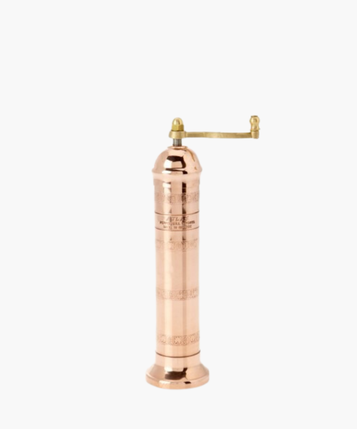Copper manual pepper mill with a brass handle, featuring an ornate design. The elegant, vintage style evokes a sense of classic craftsmanship.