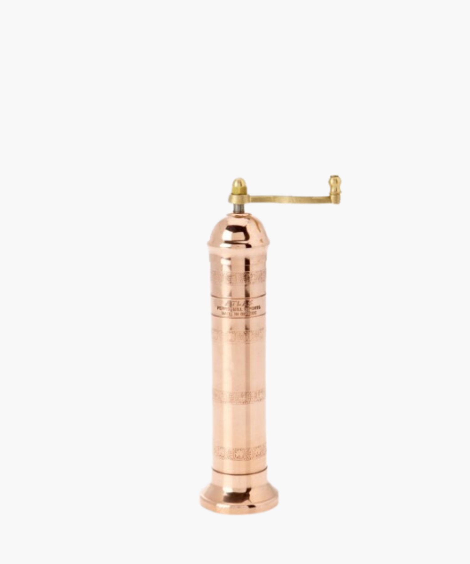Copper manual salt mill with a brass handle, featuring an ornate design. The elegant, vintage style evokes a sense of classic craftsmanship.