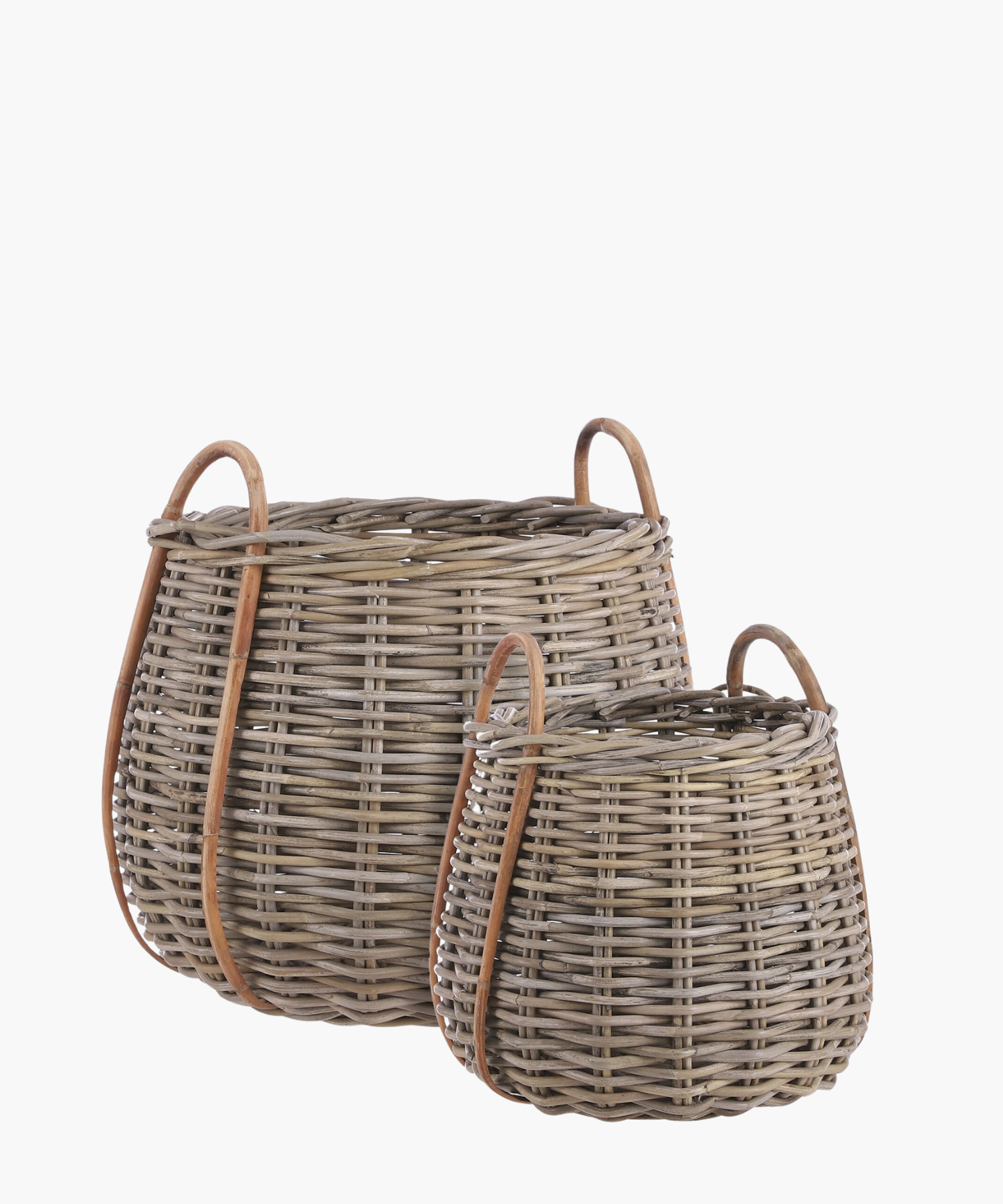Two wicker baskets with curved wooden handles. The baskets vary in size, with a rustic texture and earthy tones, conveying a natural, cozy feel.
