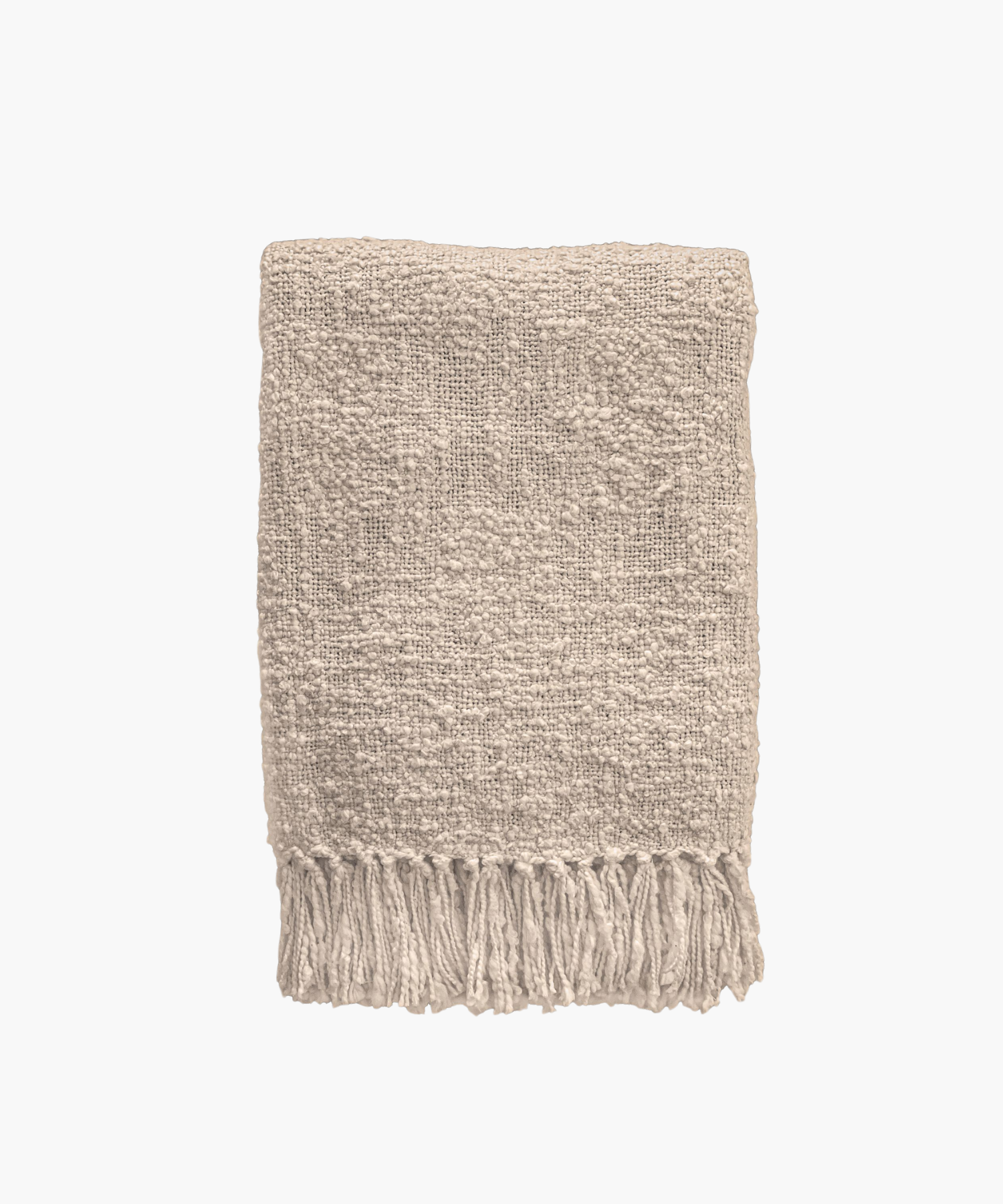 A beige colored woven throw blanket with a textured pattern and fringed edges, conveying a cozy and inviting feel.