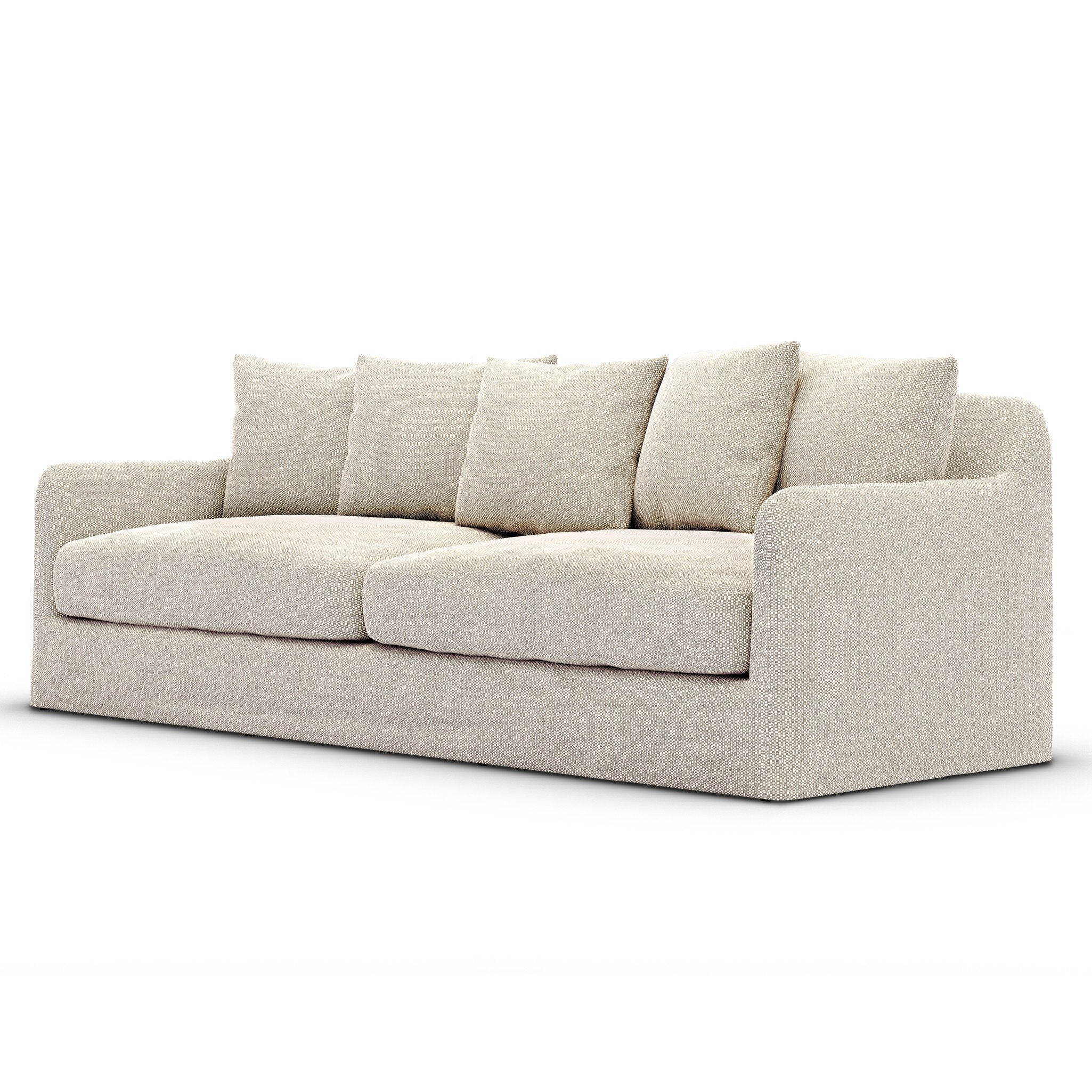 Sand colored slipcover outdoor sofa on a white background.