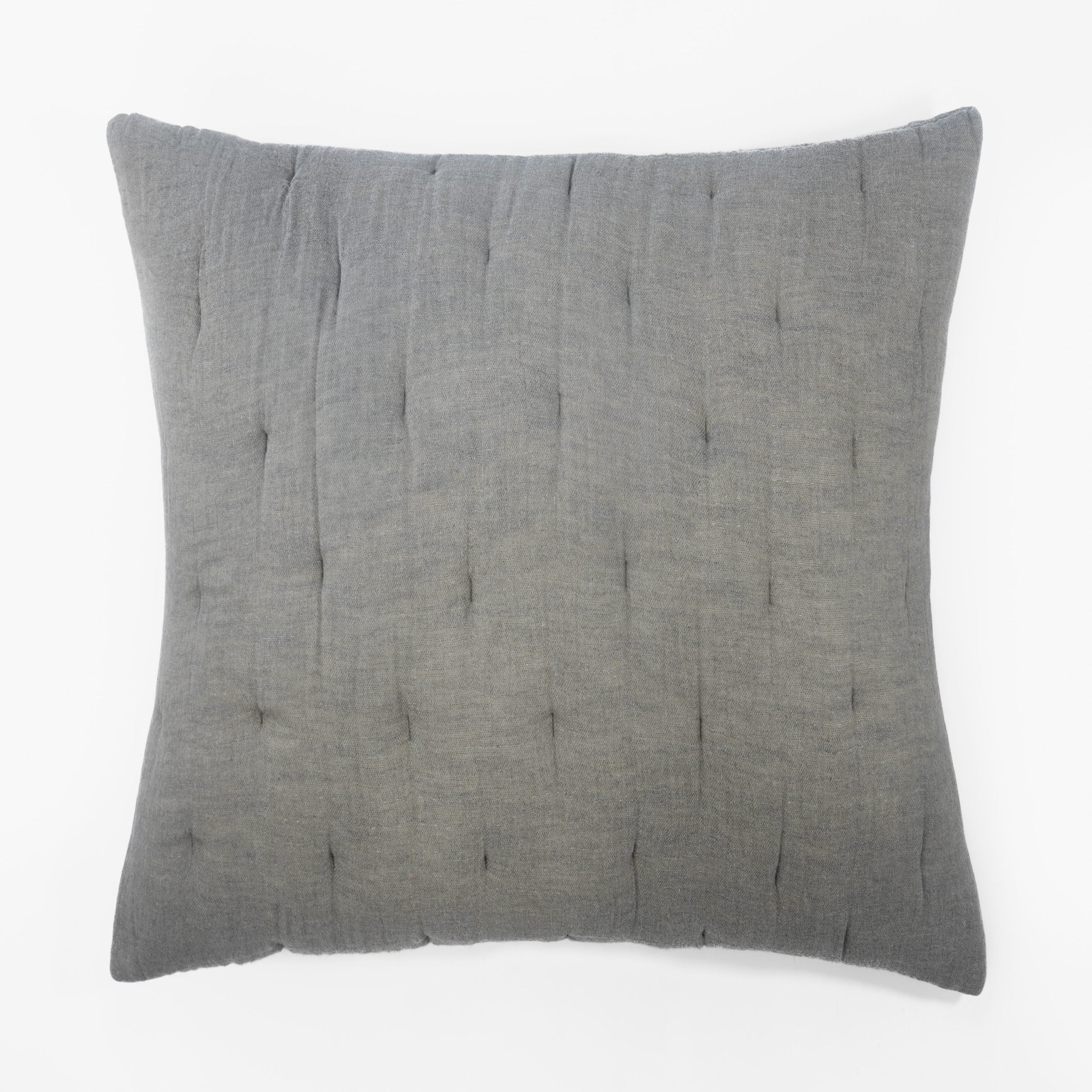 Square grey textured pillow on a white background highlighting fabric texture, stitching, and finish.