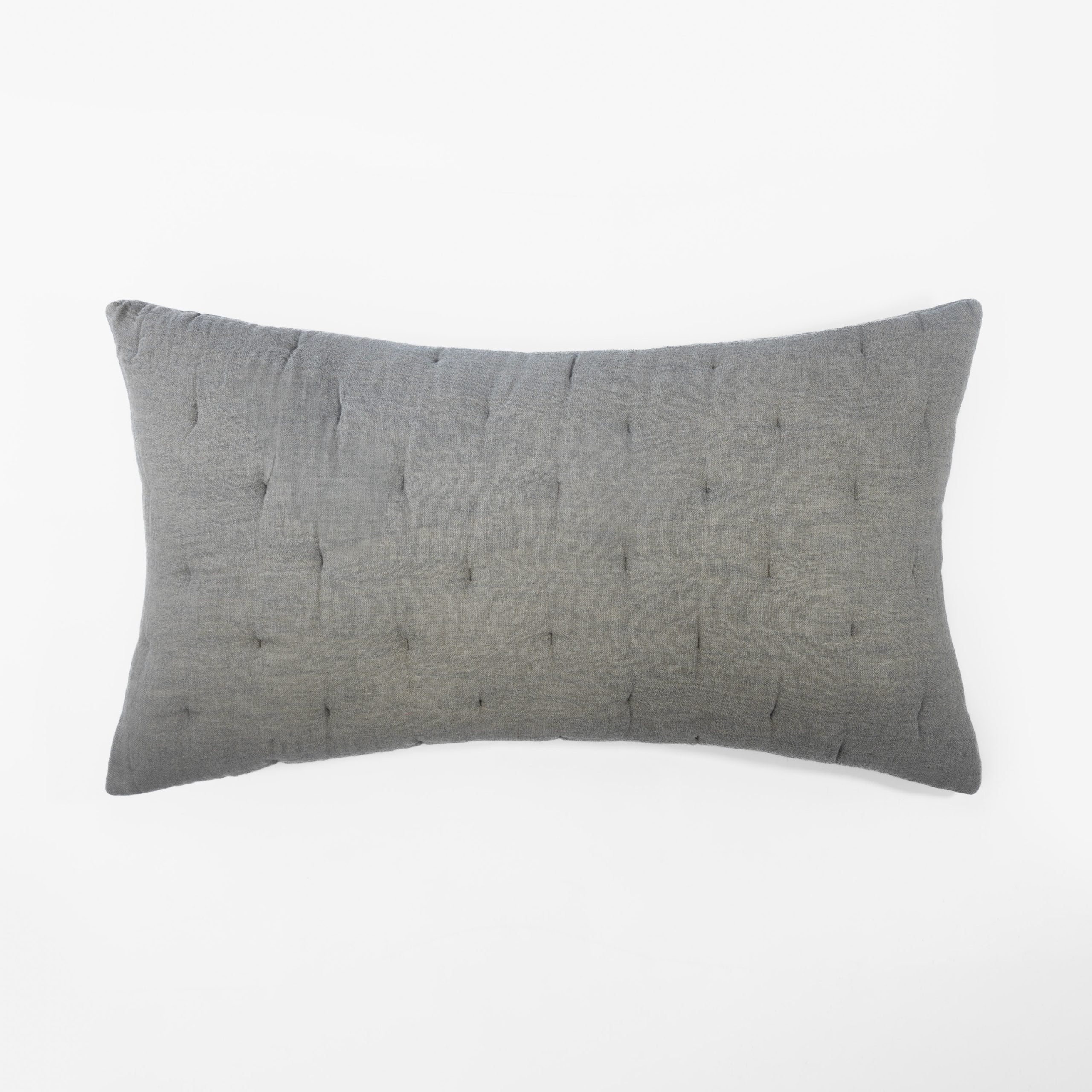Rectangular grey textured pillow on a white background highlighting fabric texture, stitching, and finish.