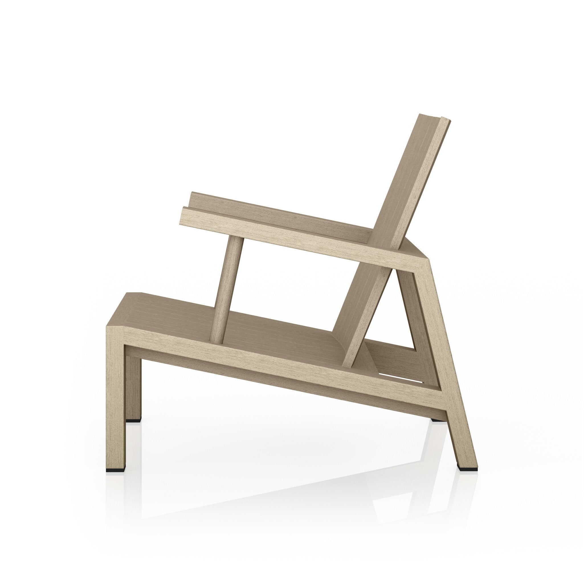 A side profile of an Adirondack inspired outdoor chair made of teak with a wide angled frame with linear lines.