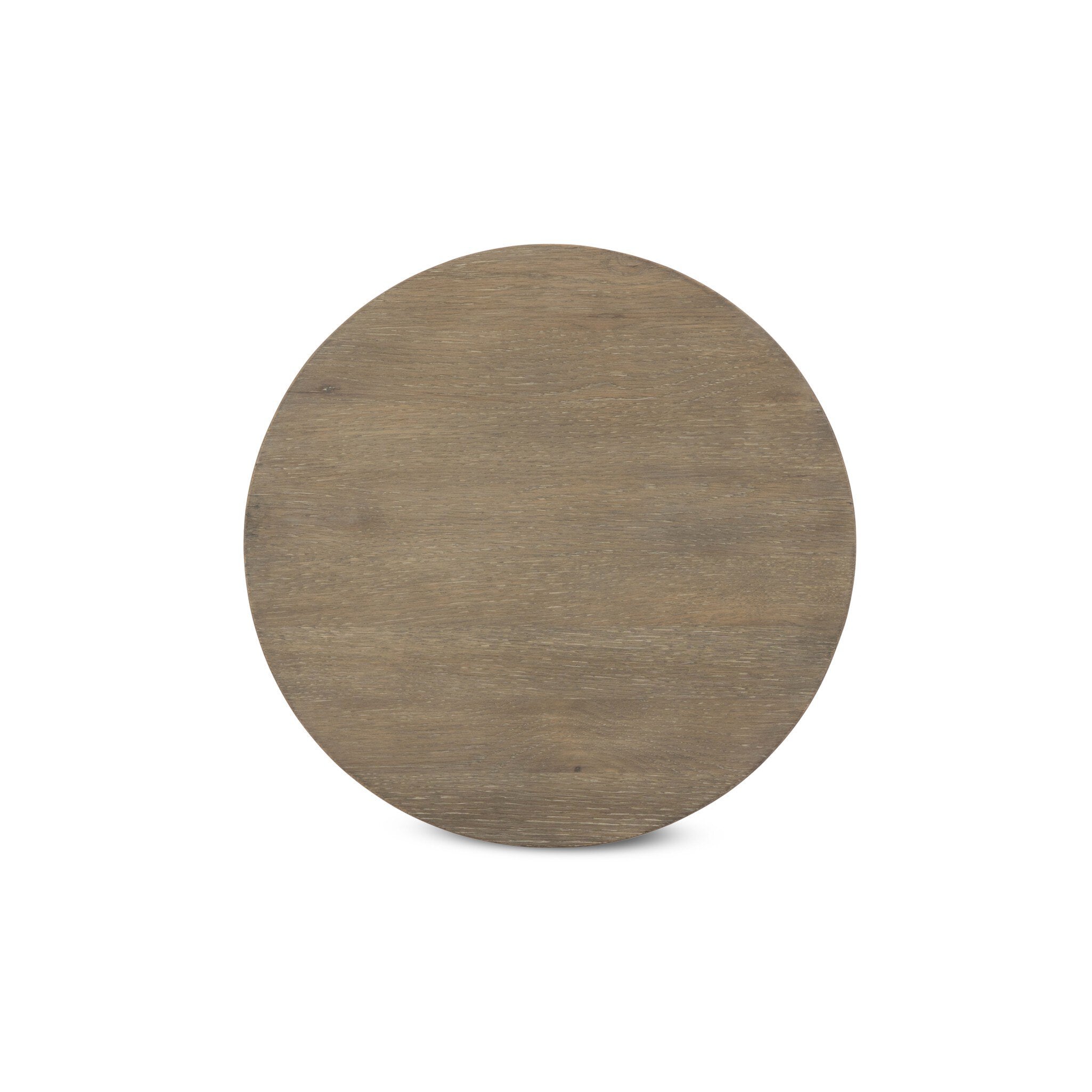 Overhead picture of a simple oak round side table on a white background.