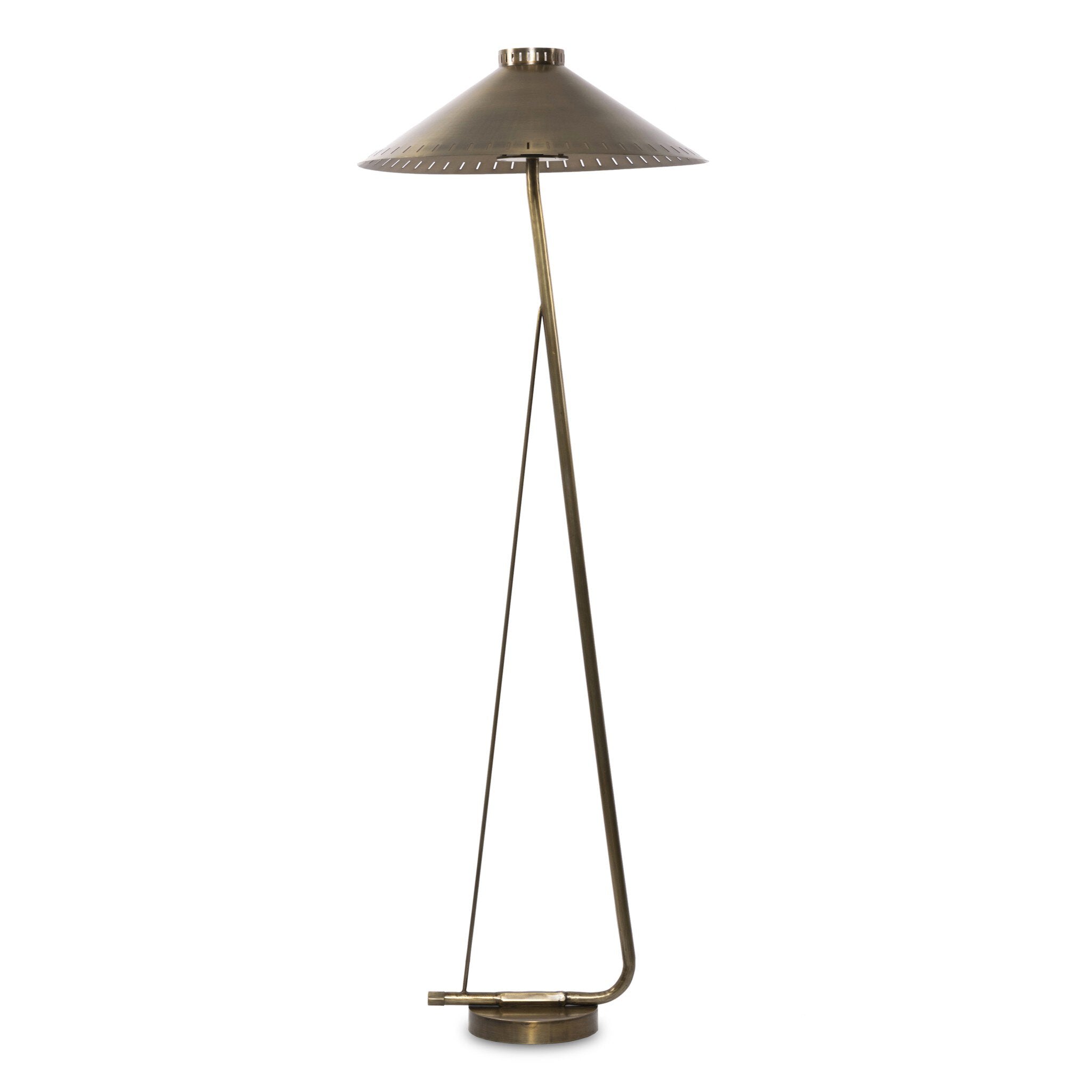 Tall floor lamp with a antique brass shade on a white background.