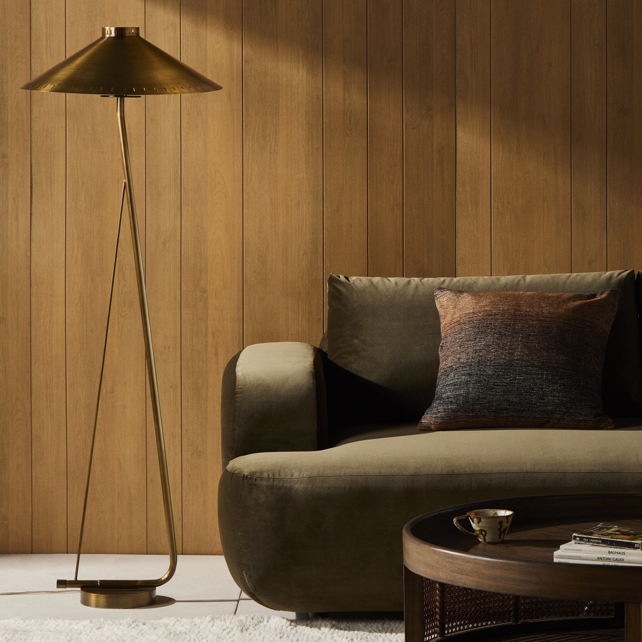 Modern living room with a brown sofa, floor lamp, and wooden wall.