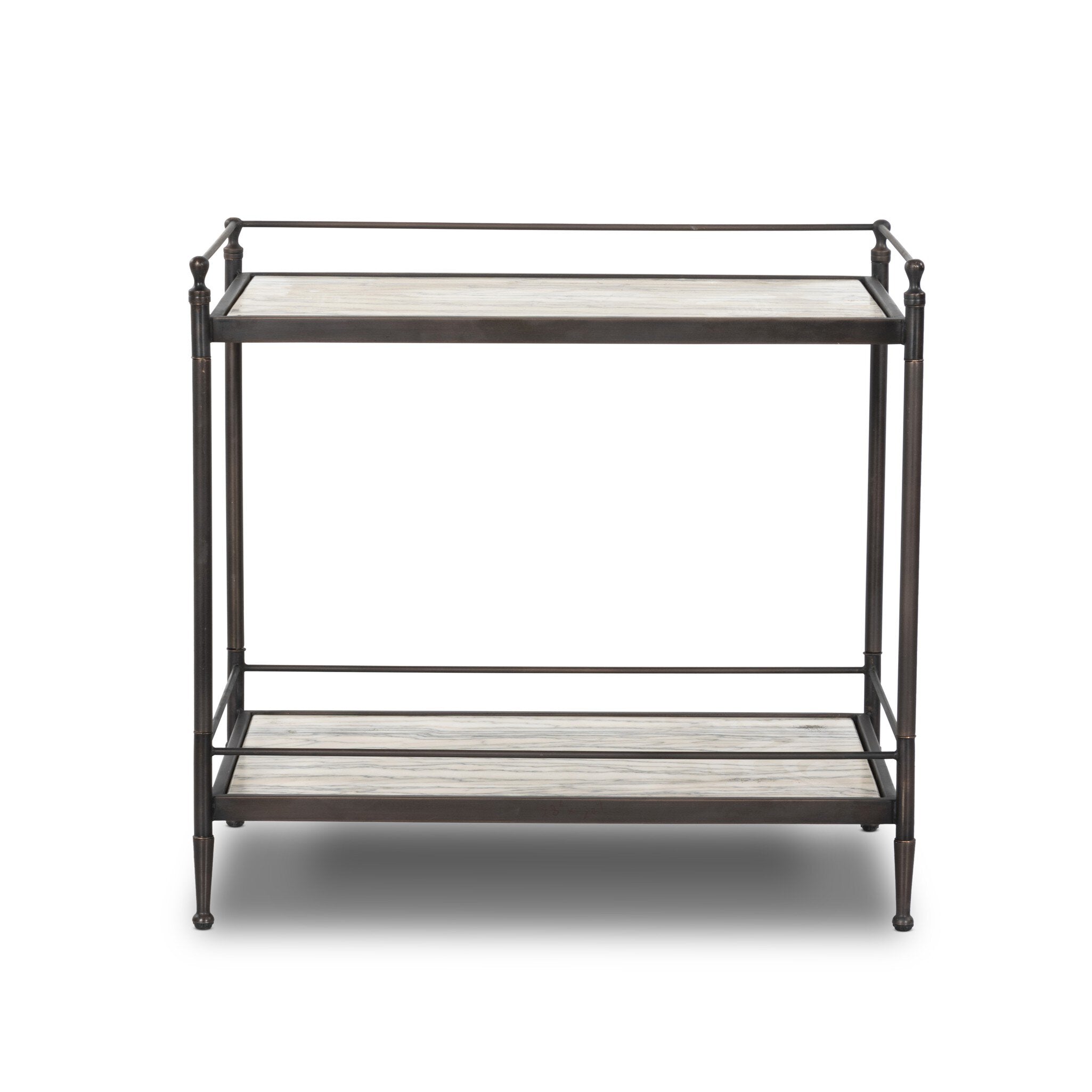 Two-tier metal nightstand with marble shelves.