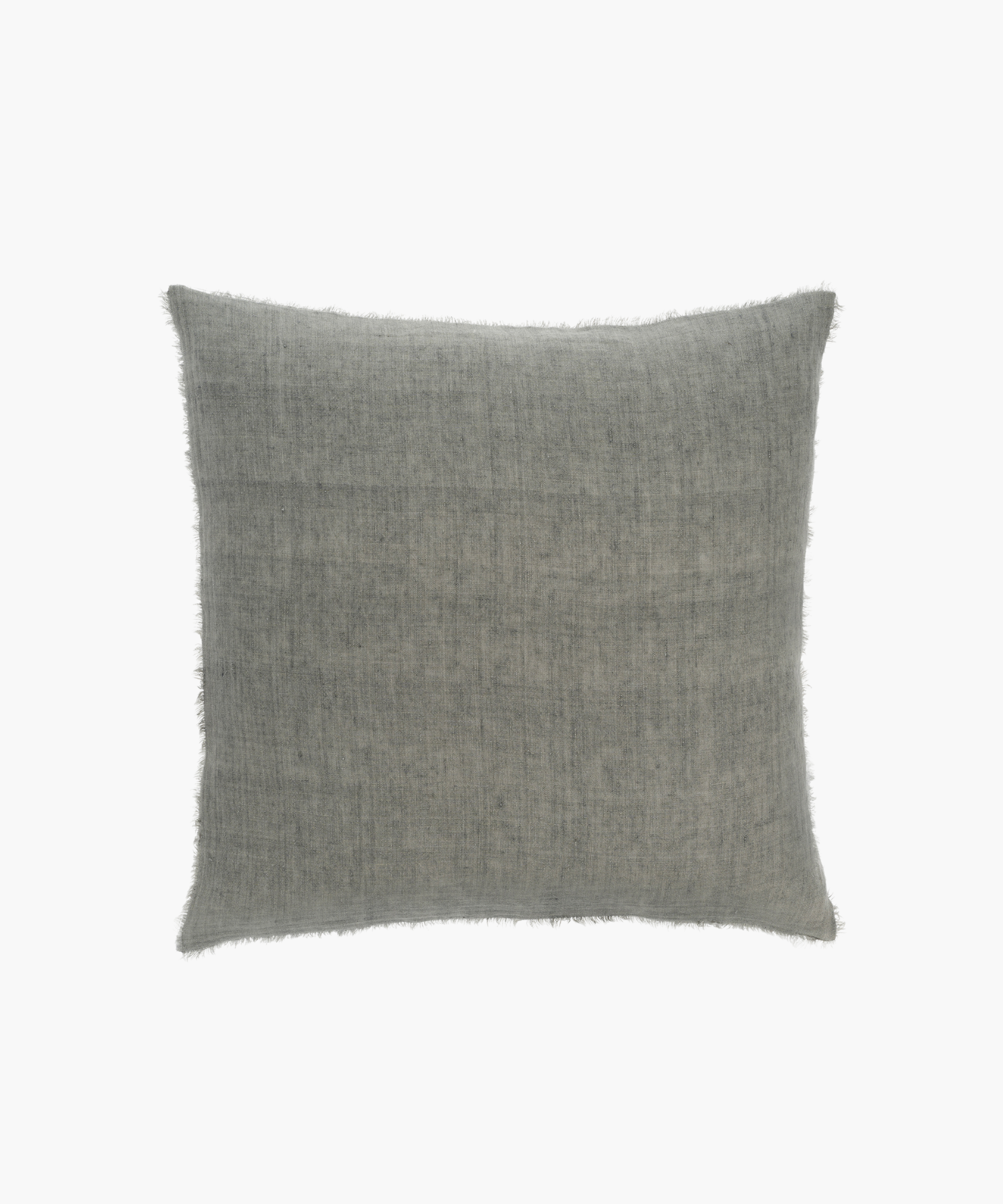 A square, light gray pillow with a textured fabric and fringed edges. The design exudes a soft, cozy, and understated elegance.