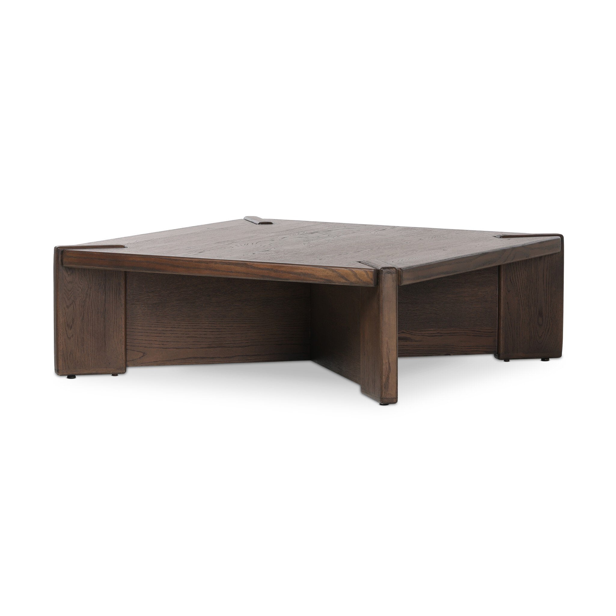 Wooden coffee table with a textured surface on a white background.