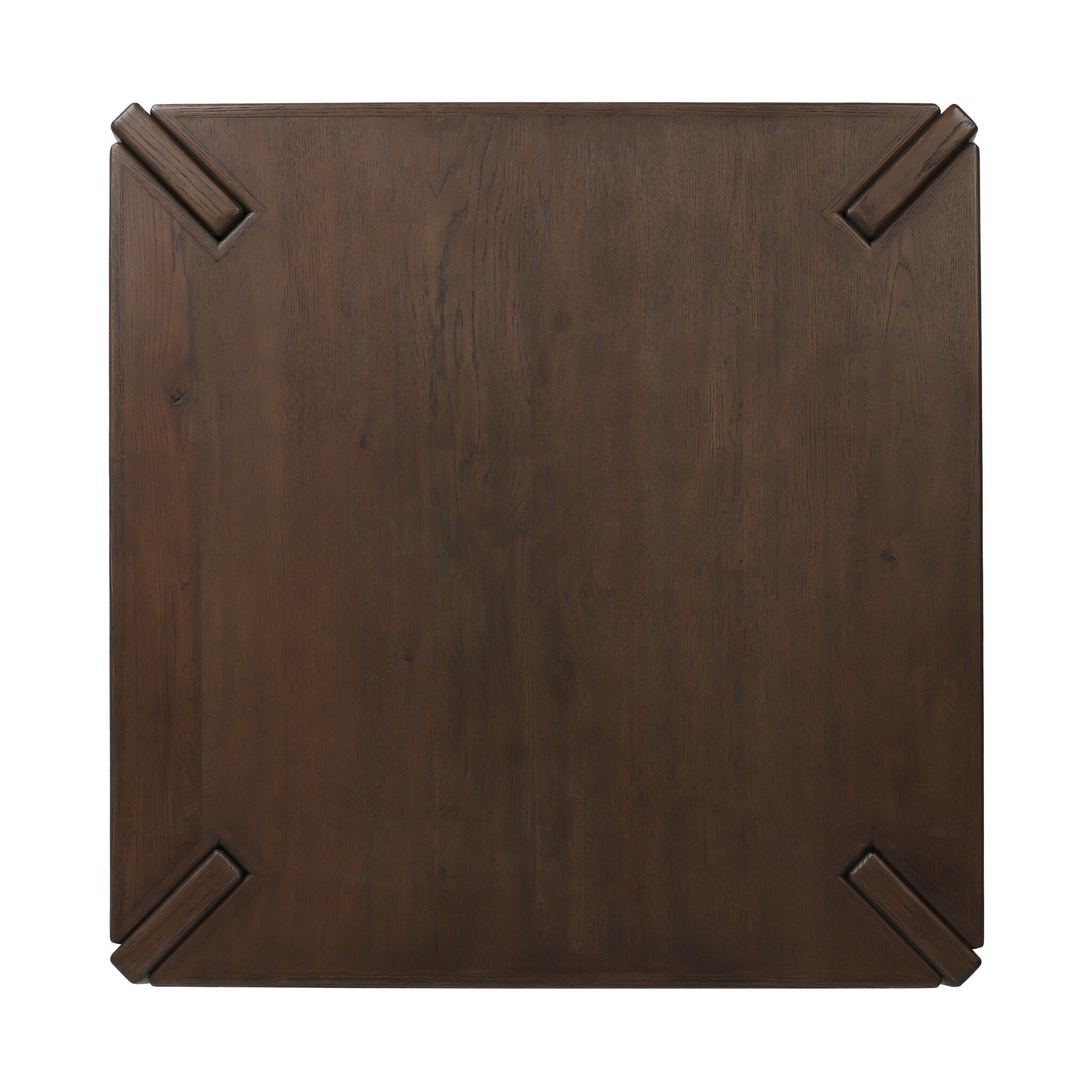 Overhead view of a wooden coffee table with a textured surface on a white background.