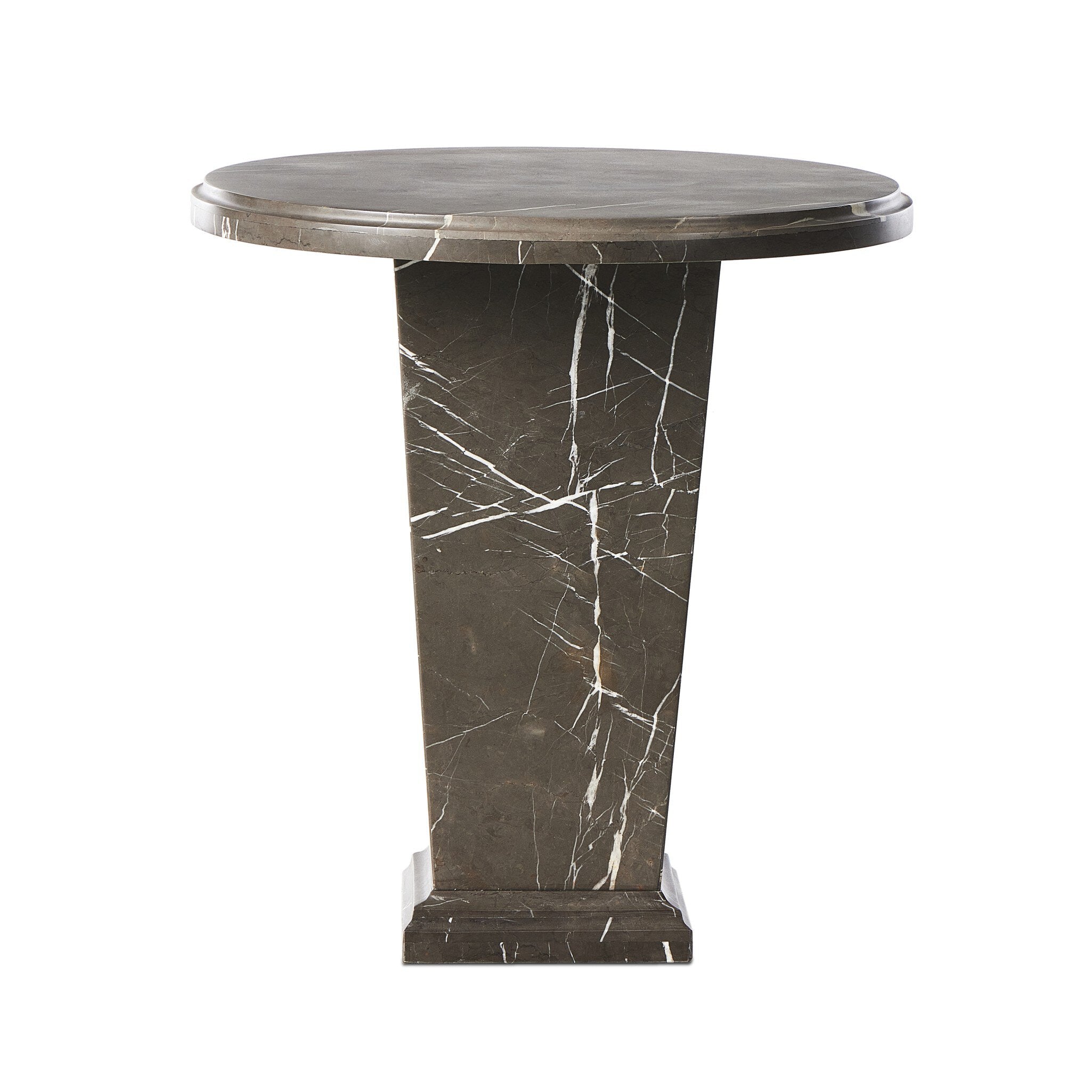 Roman column inspired end table with tapered base and round top made in grey Italian marble.