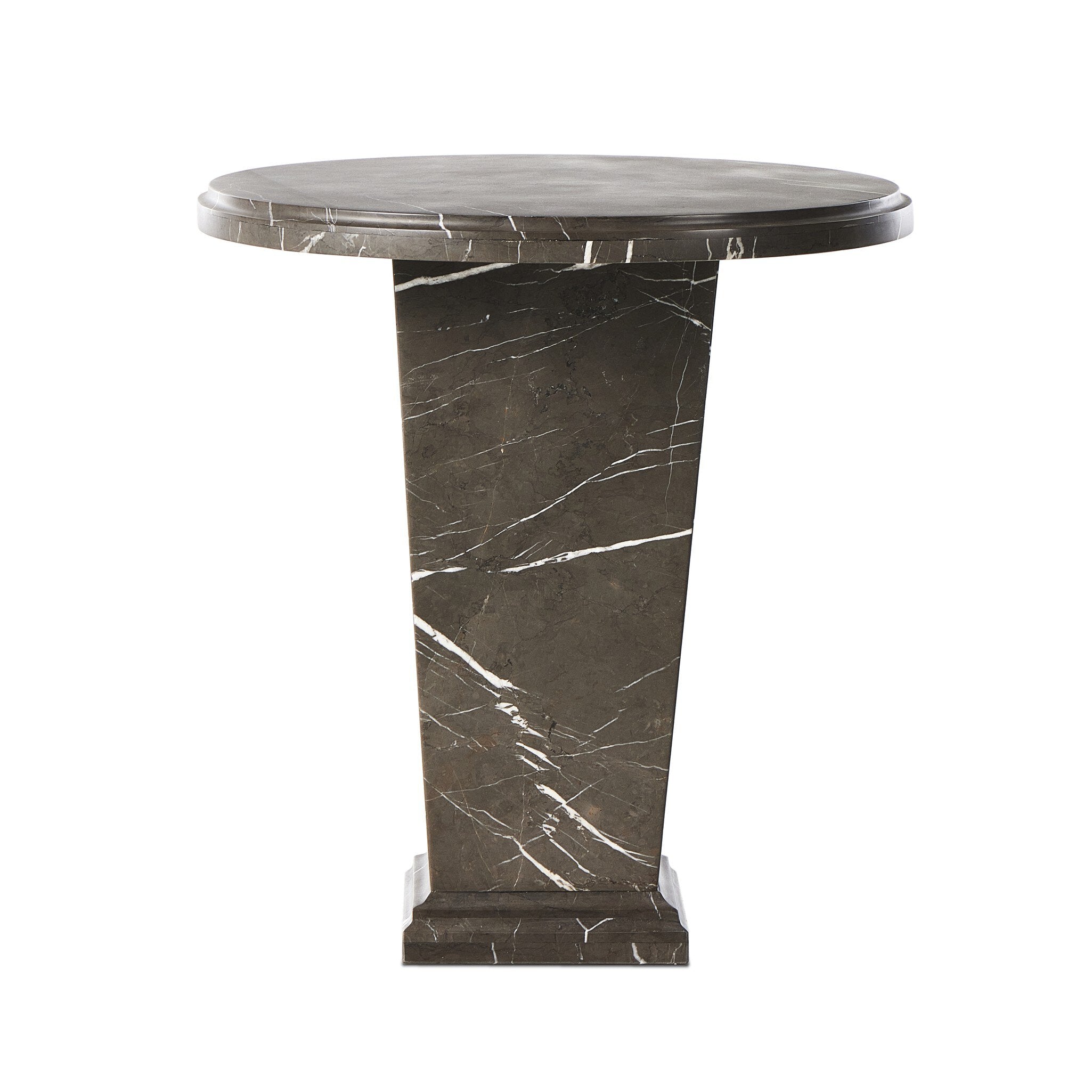 Roman column inspired end table with tapered base and round top made in grey Italian marble.