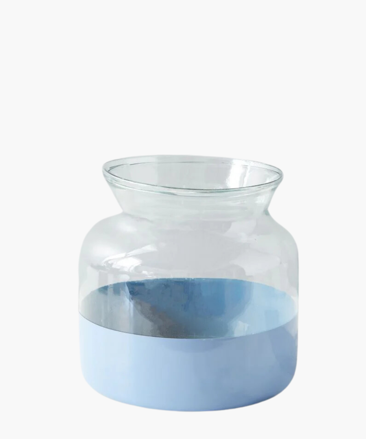 Clear glass vase with a wide mouth and rounded body. The upper part is transparent, while the lower half is painted in a glossy french blue. Minimalist and modern.