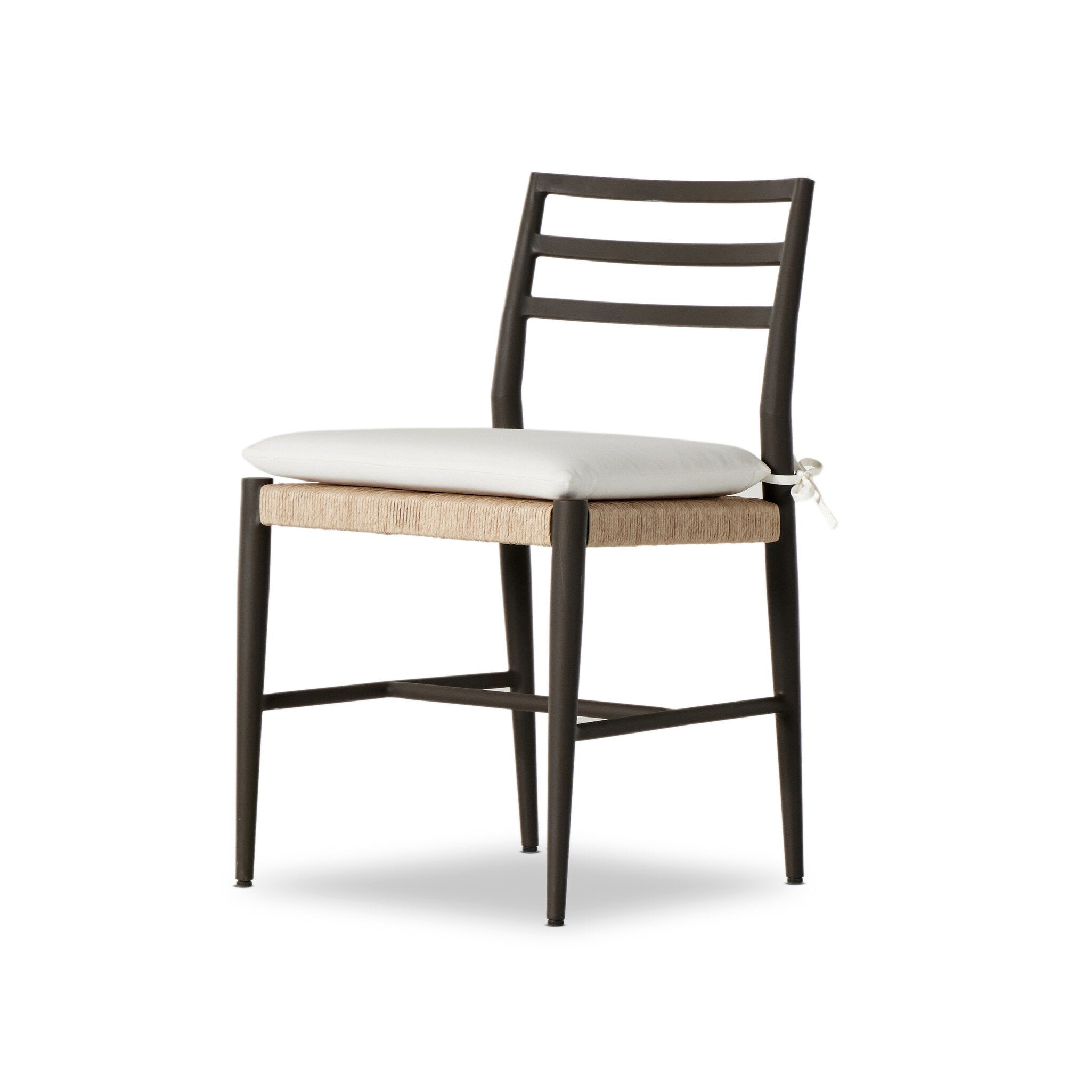 Classic ladderback outdoor dining chair with a woven seat and removable cushion.