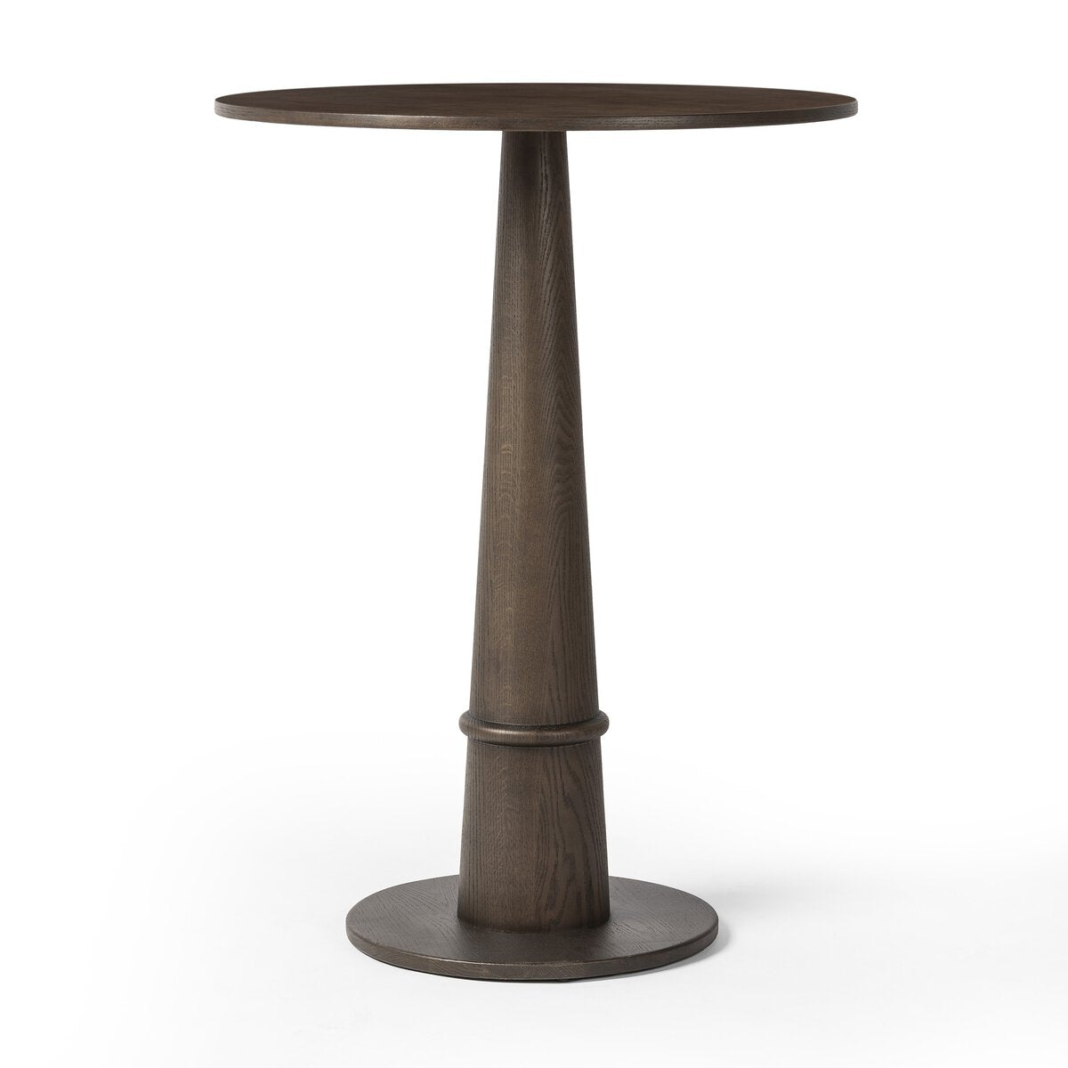 Dark wooden round cocktail style table on a white background.