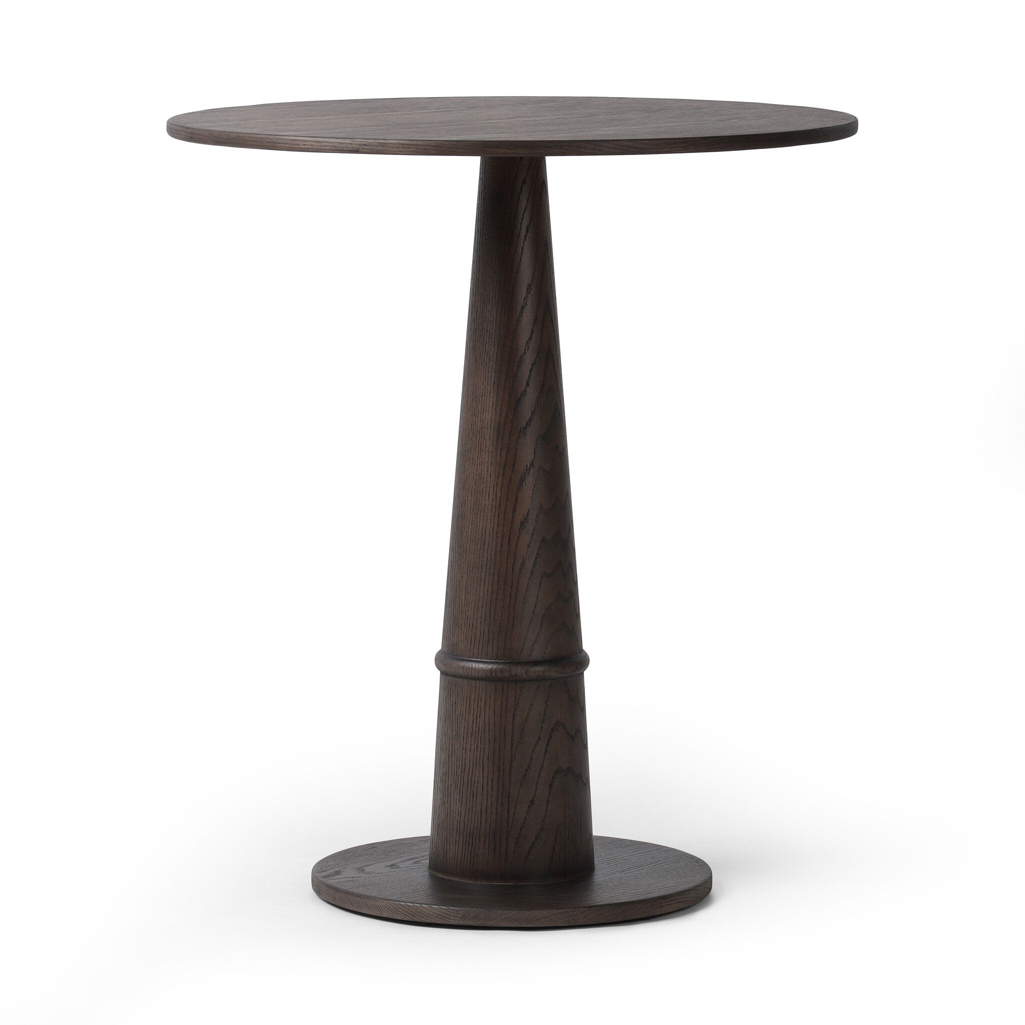 Dark wooden round cocktail style table on a white background.