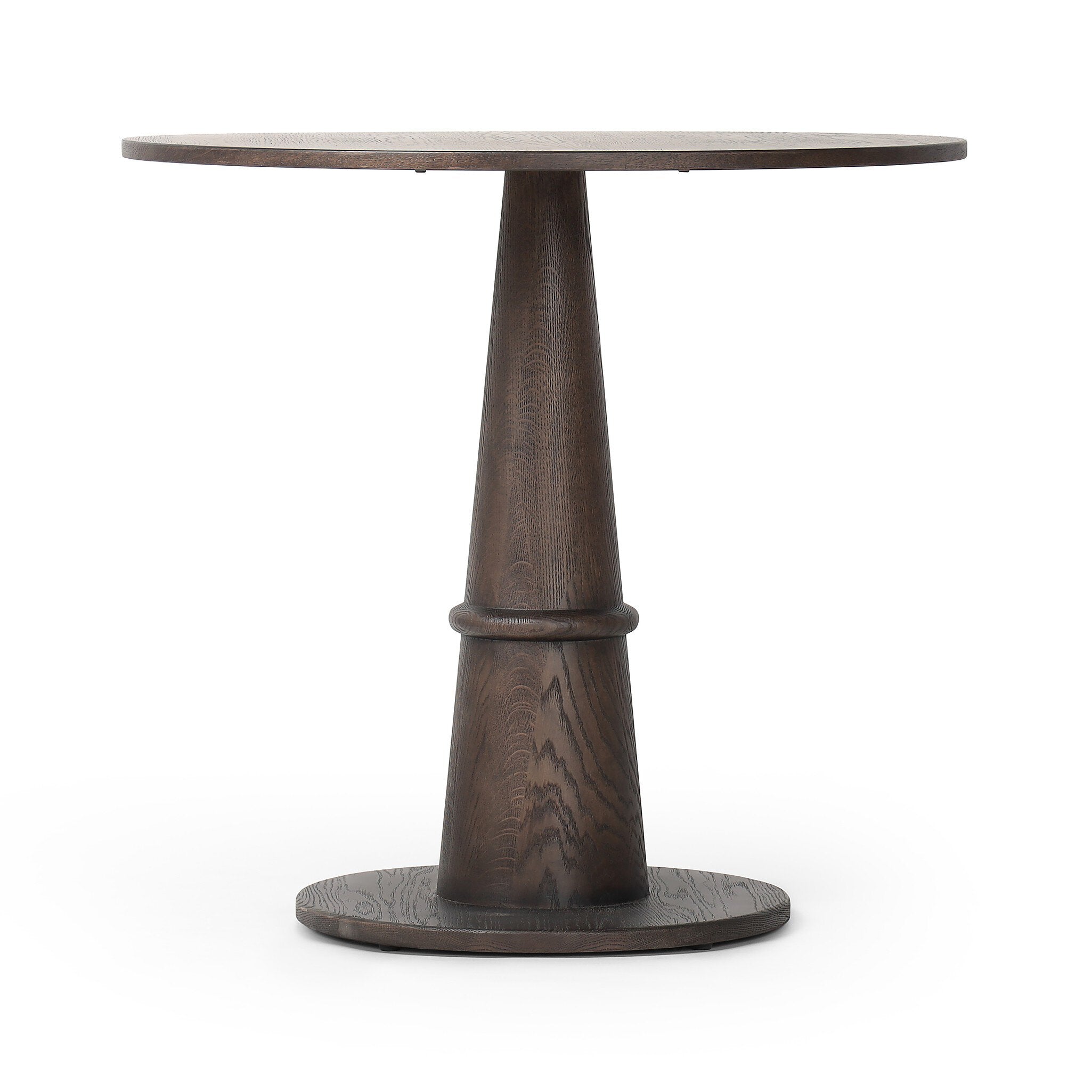 Round wooden bistro table with a dark brown base on a white background.