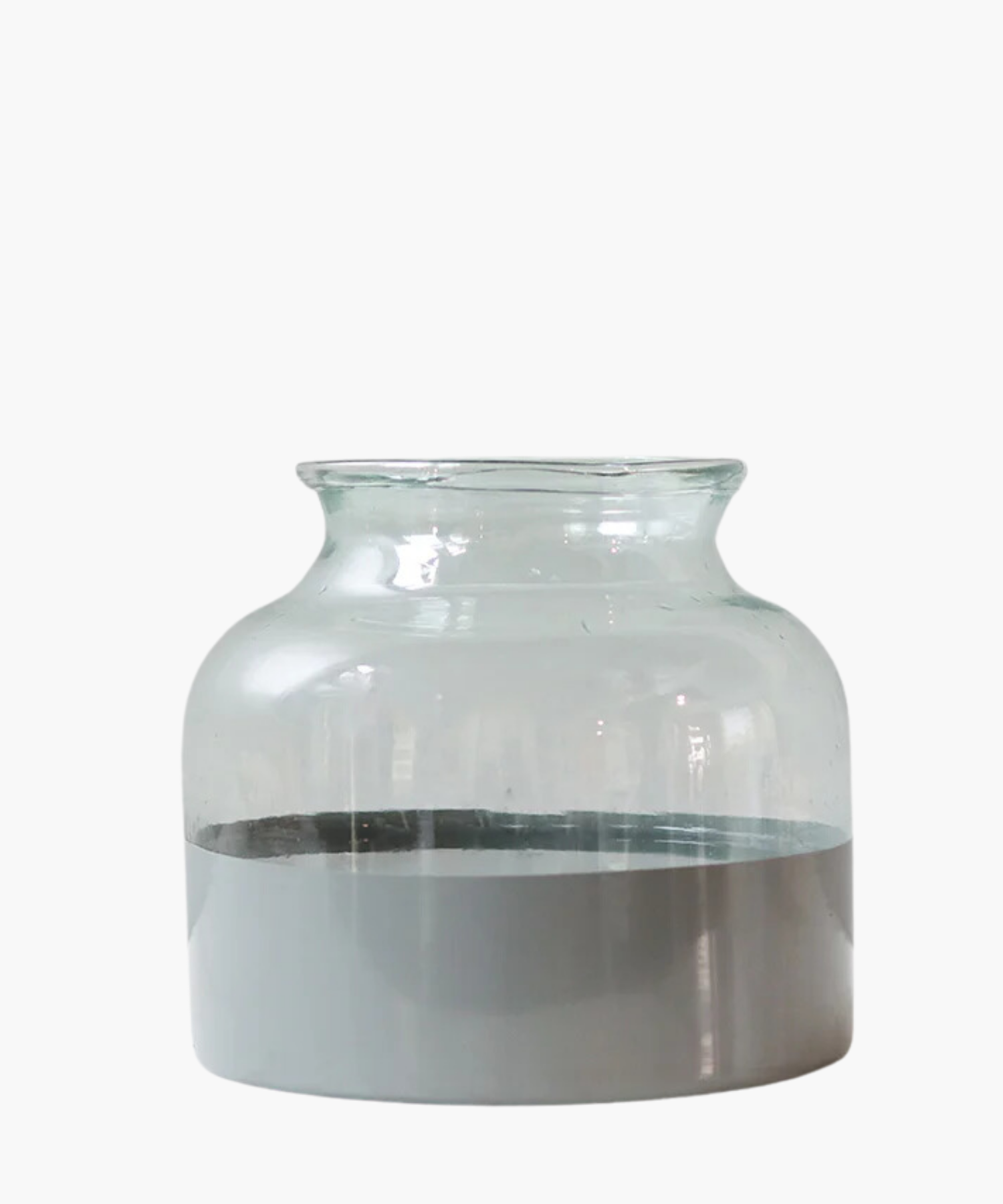 Clear glass vase with a wide mouth and rounded body. The upper part is transparent, while the lower half is painted in a glossy light grey. Minimalist and modern.