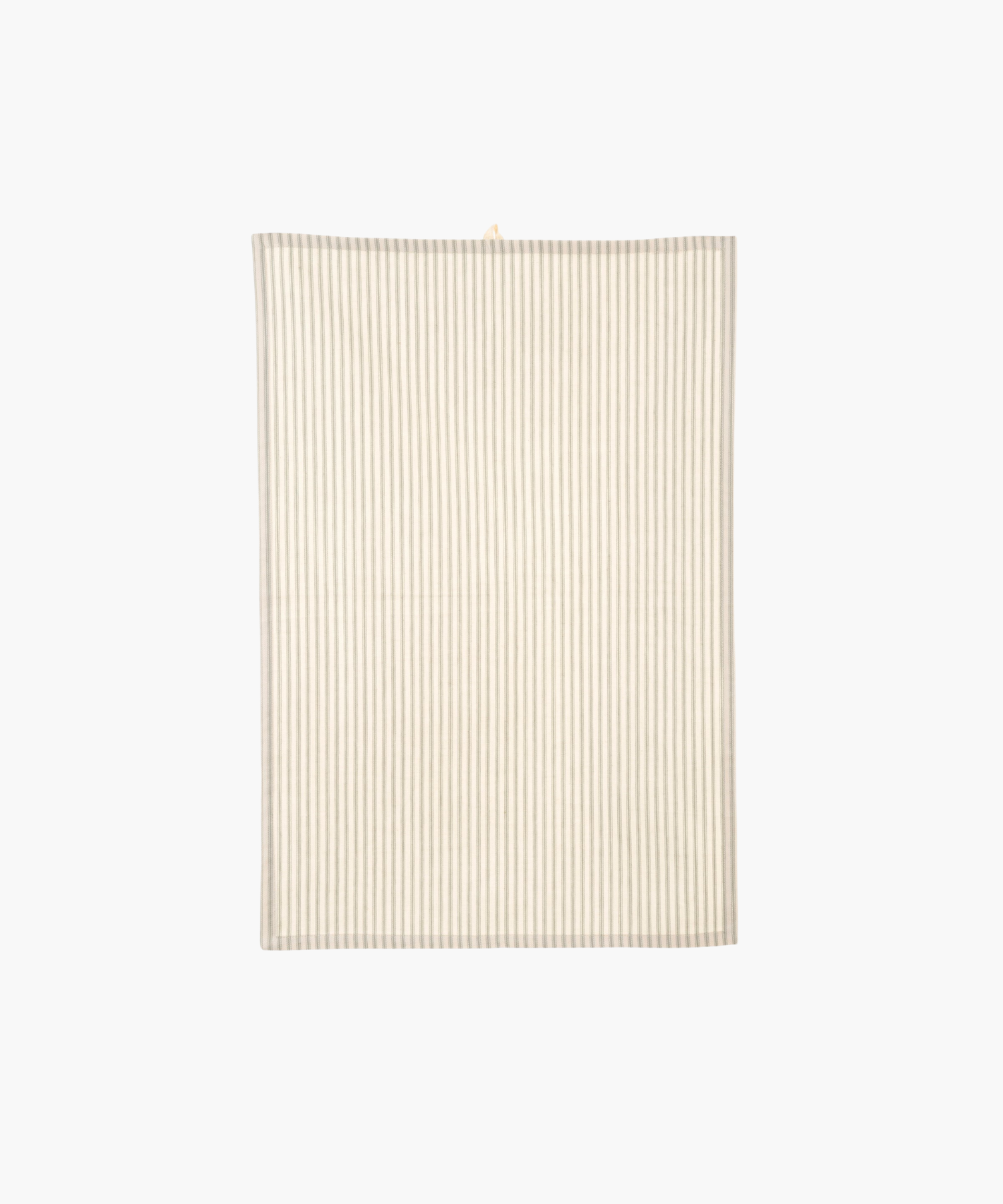 A beige kitchen towel with vertical gray stripes. The design is simple and minimalist, conveying a clean, modern aesthetic.