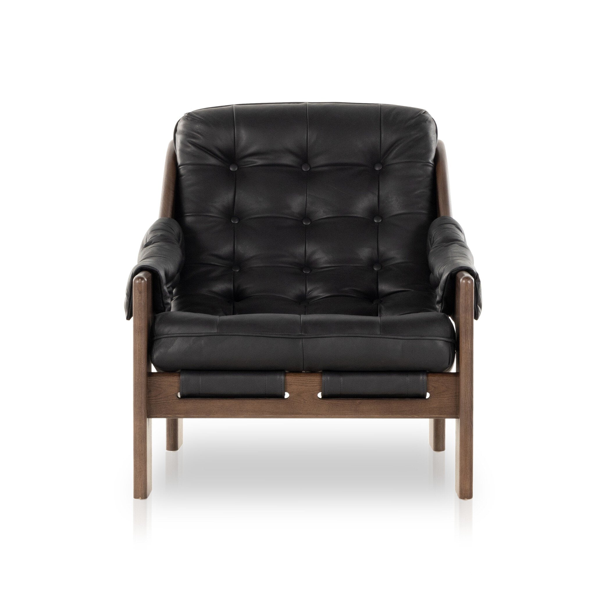 Tufted black leather sling style armchair with wooden frame on a white background.