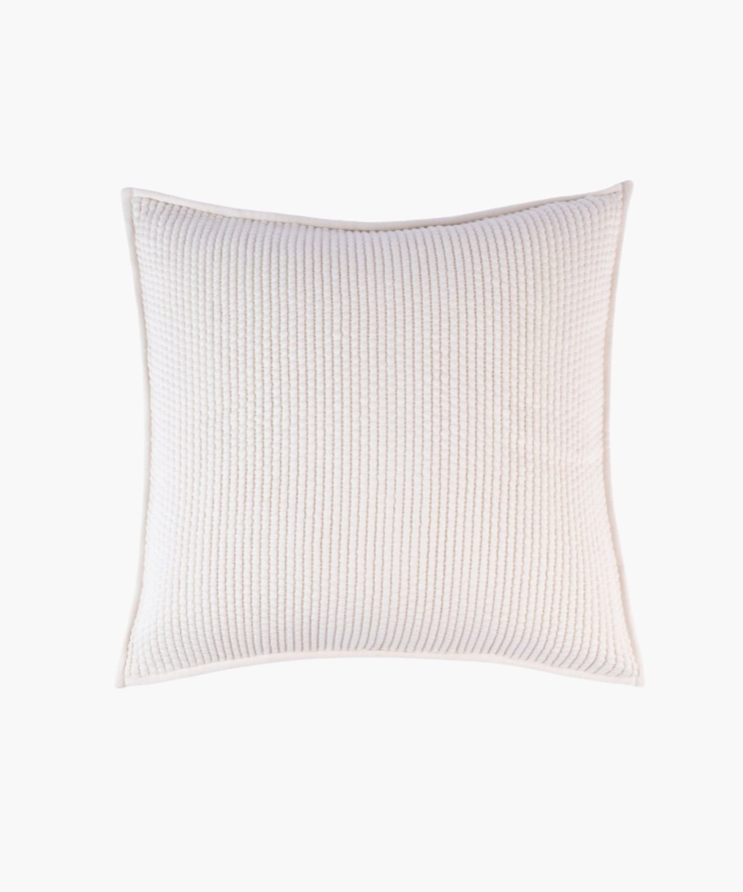 Ivory pillow cover styled on a white background showing knife edge or flange detailing, fabric texture, and muted palette.