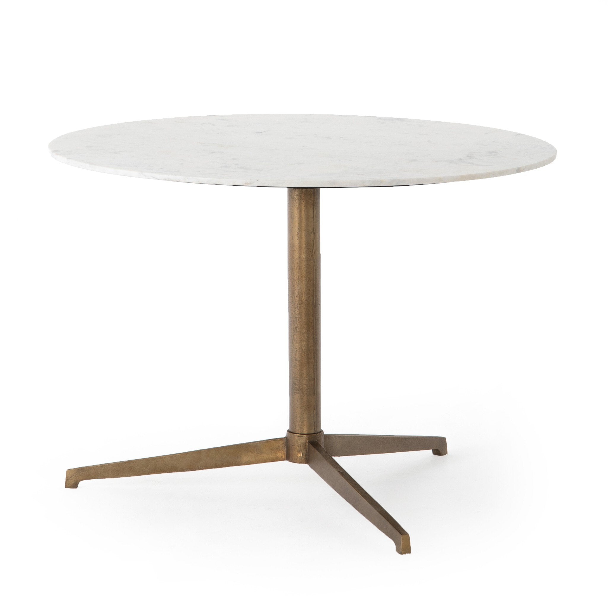 Round bistro table with marble top and bronze base on a white background.