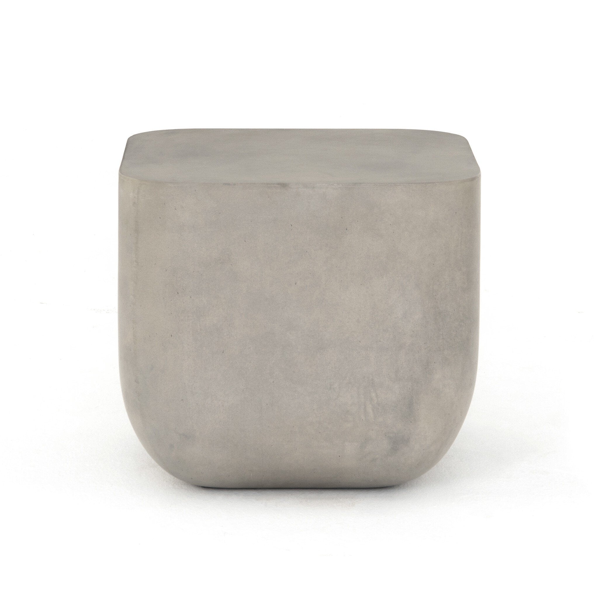 Grey-finished concrete and soft square shaped end table on a white background.