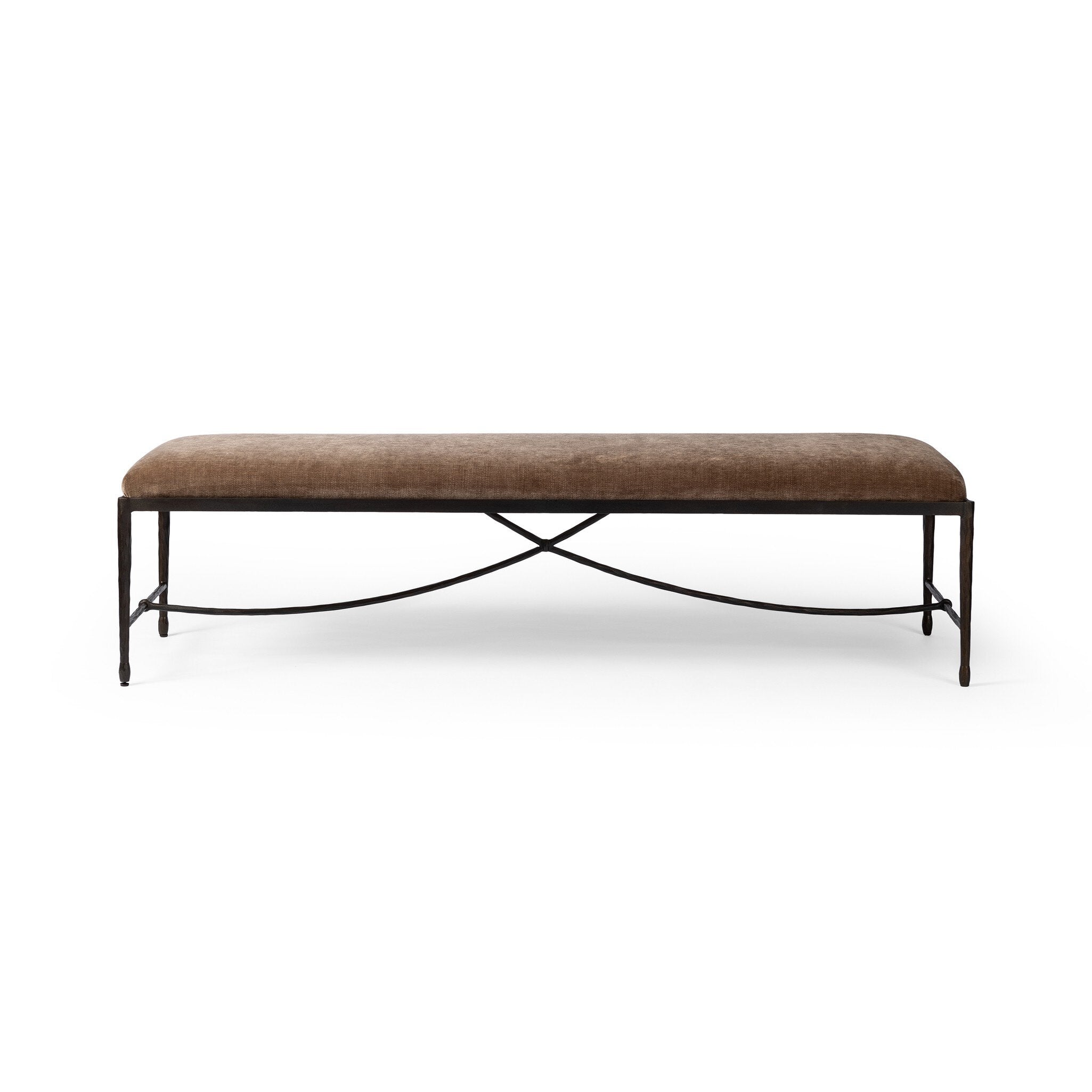 Brown upholstered bench with black metal frame on a white background