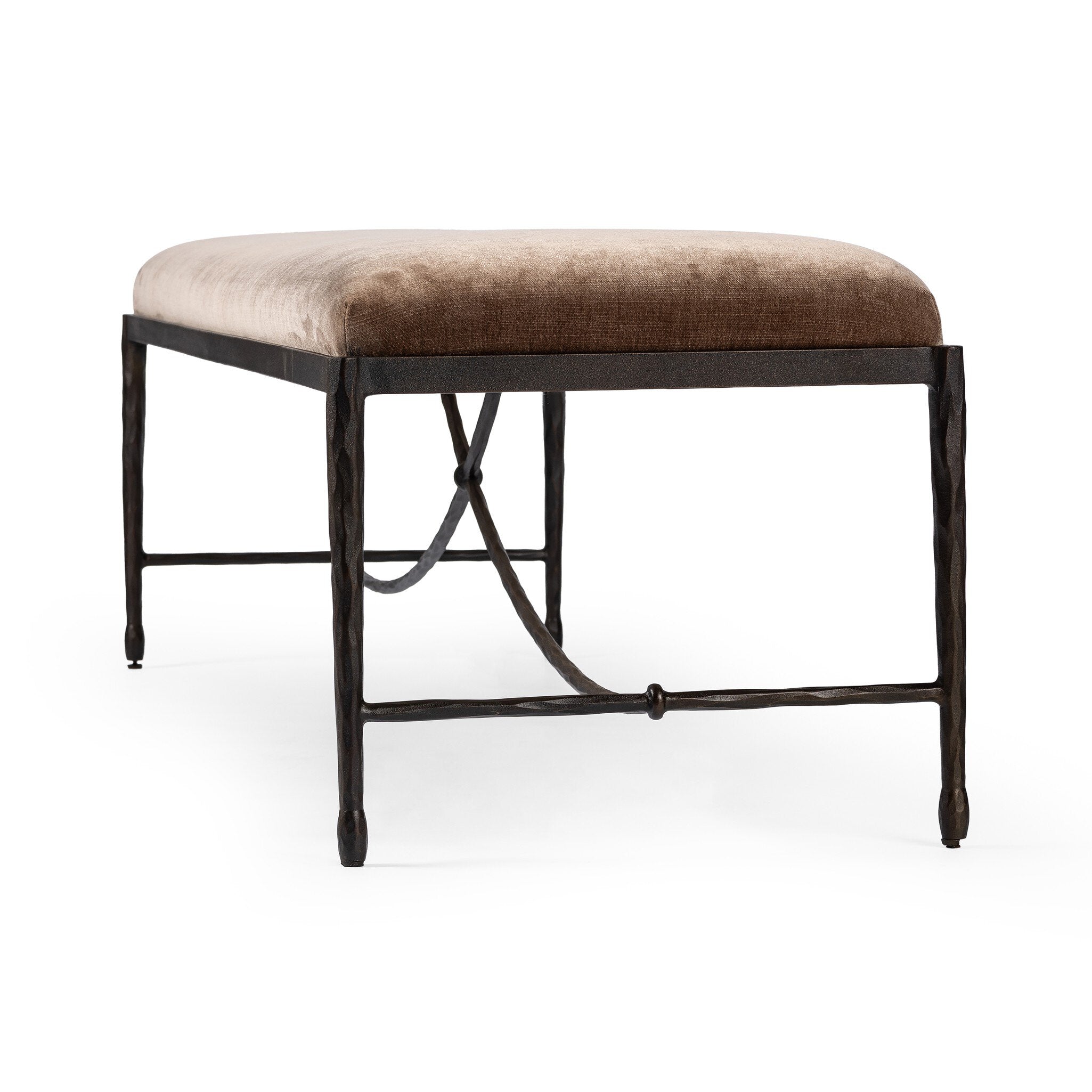 Brown upholstered bench with black metal frame on a white background