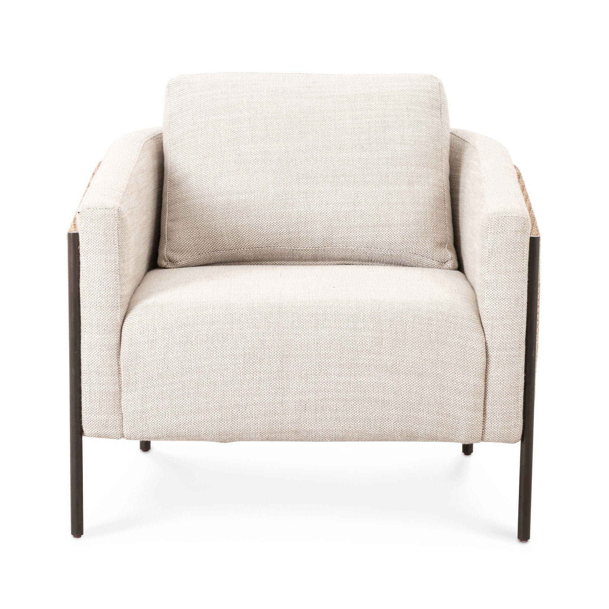 Beige armchair with dark metal legs on a white background.