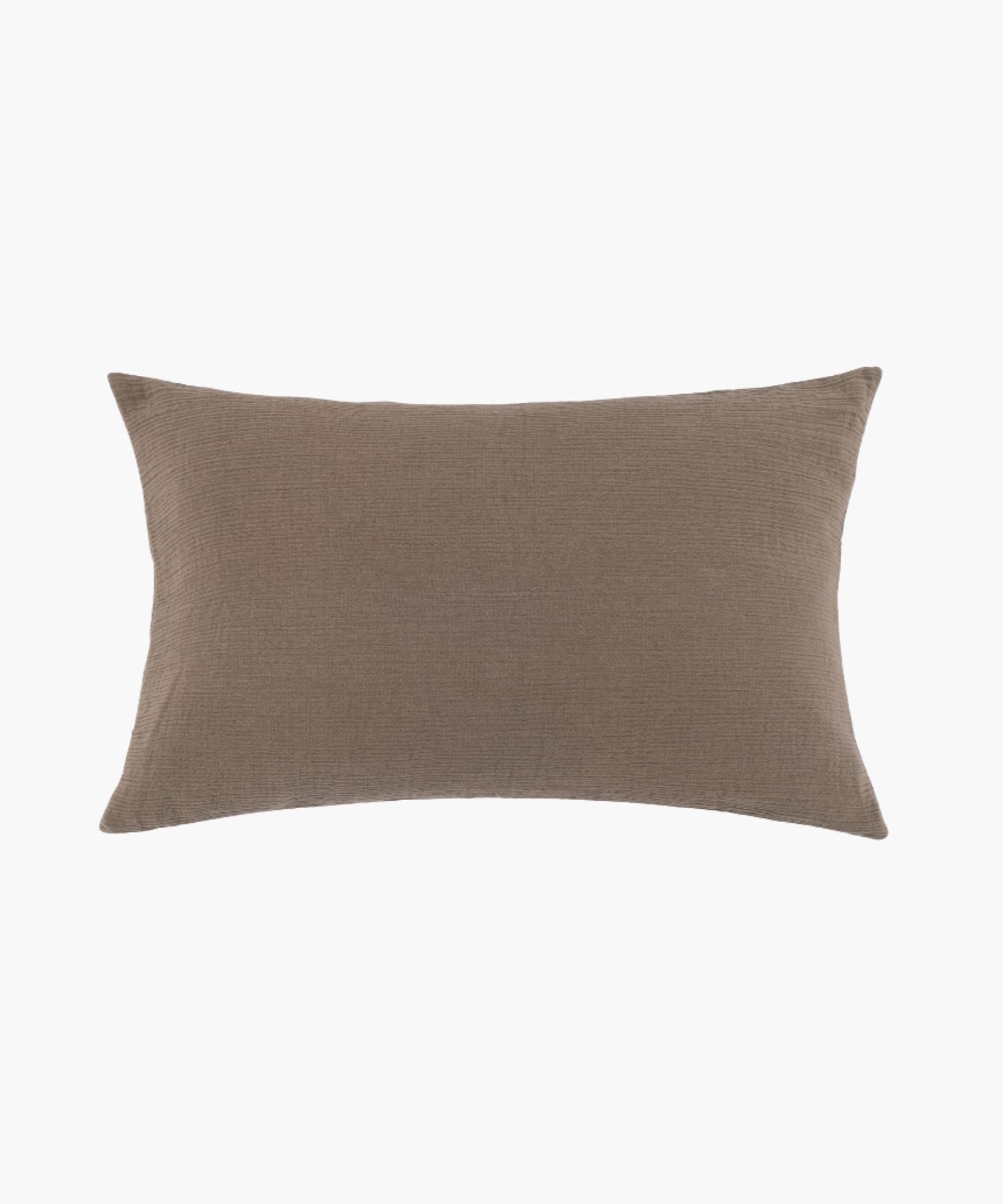 Rectangular taupe cotton sham with a clean knife edge and soft crinkled texture on a white background.