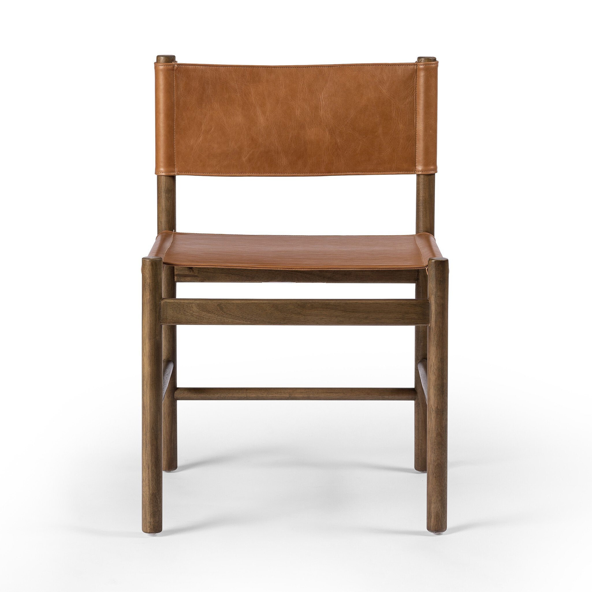 Brown wooden chair with sling-style leather seating on a white background.