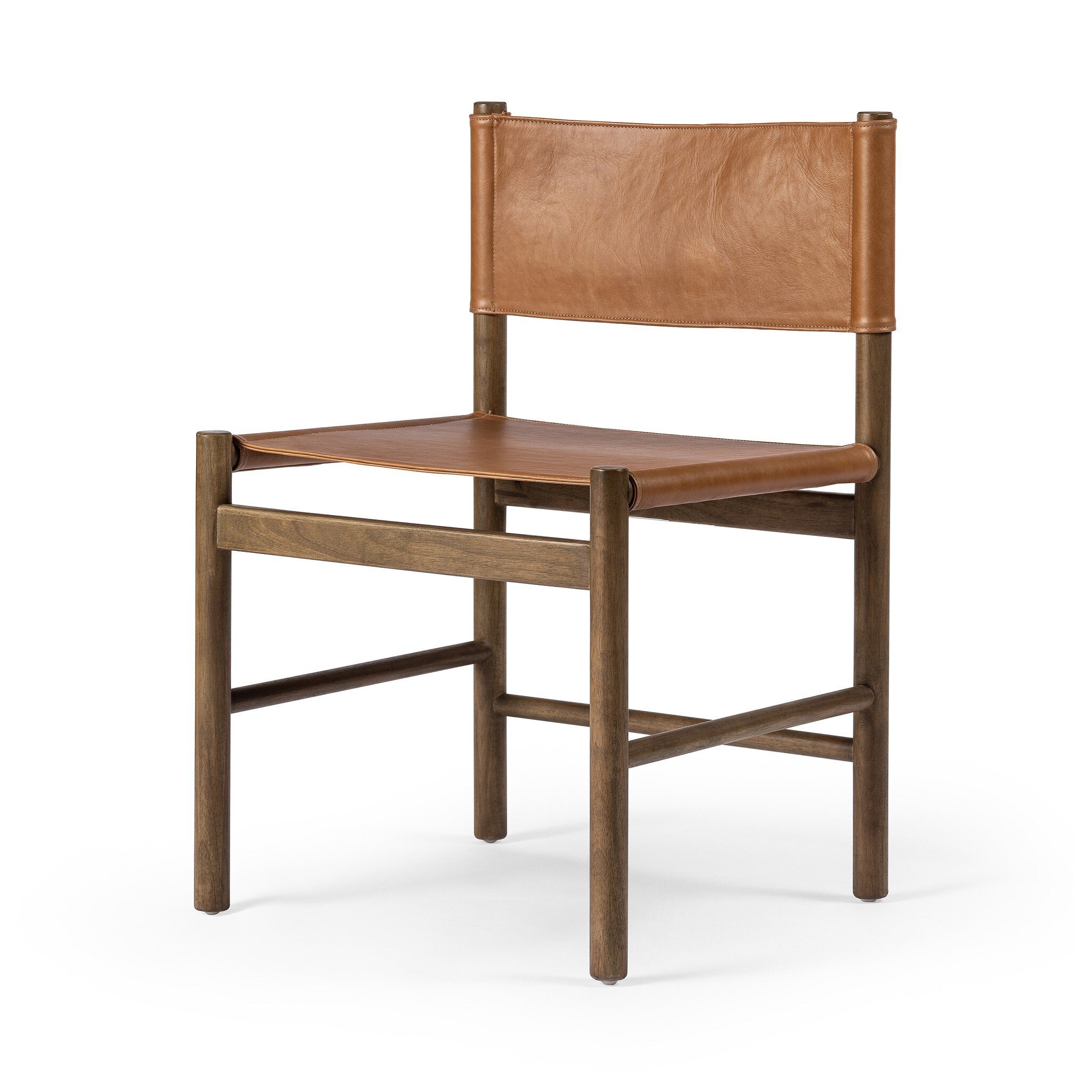 Brown wooden chair with sling-style leather seating on a white background.