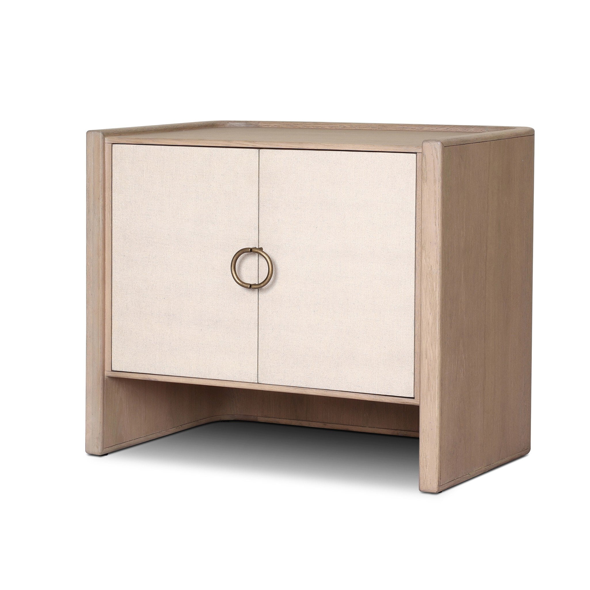 Small cabinet style nightstand with two doors and split circle hardware on a white background.