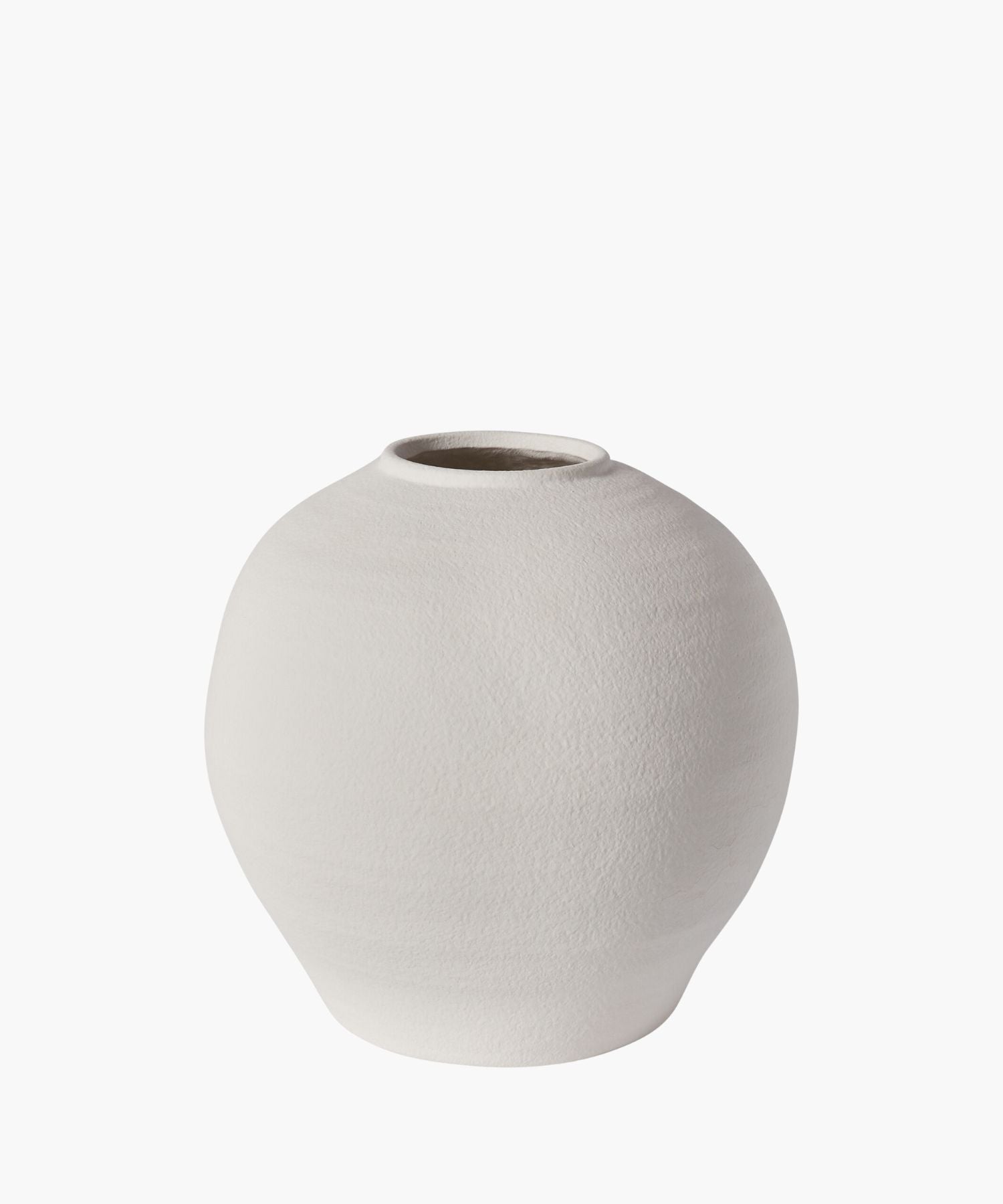 A Round bellied cement vases with a textural white matte finish.