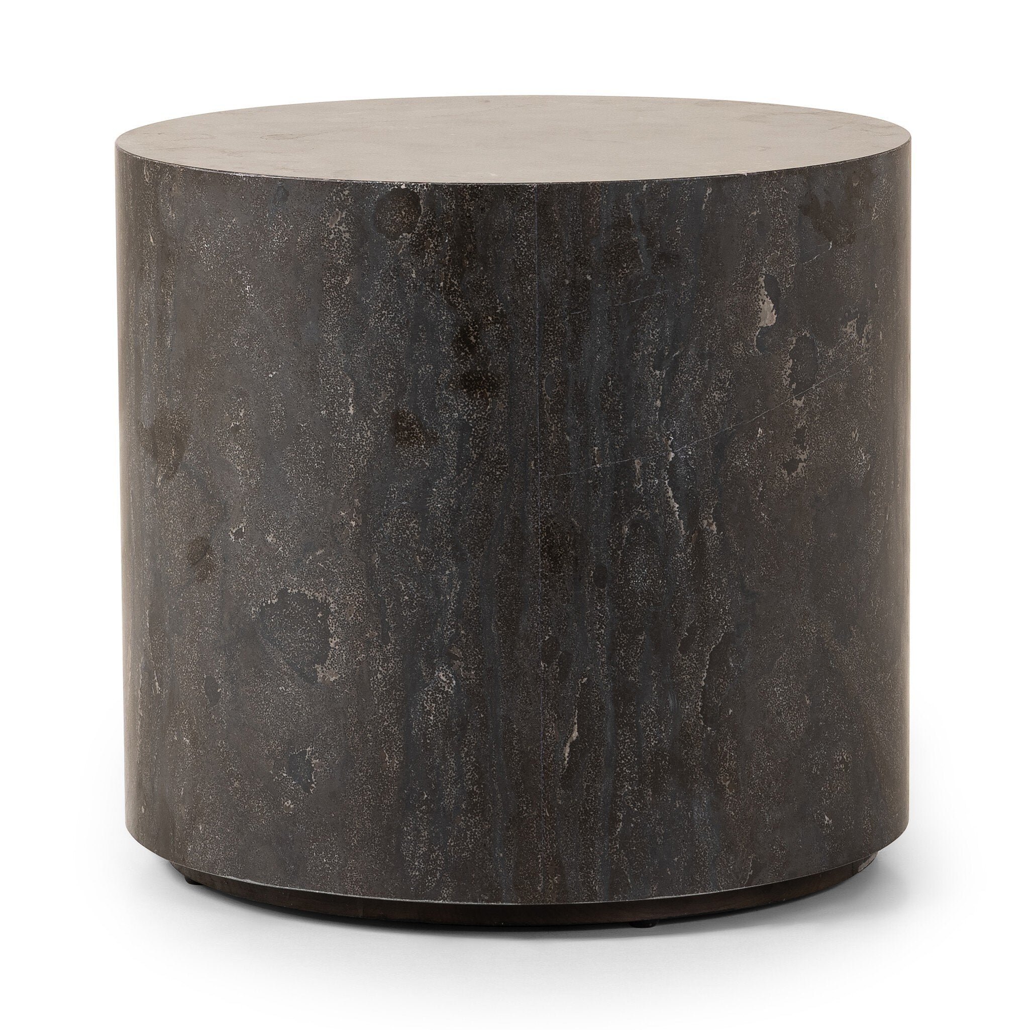 Cylinder-shaped bluestone end table with a textured surface on a white background.
