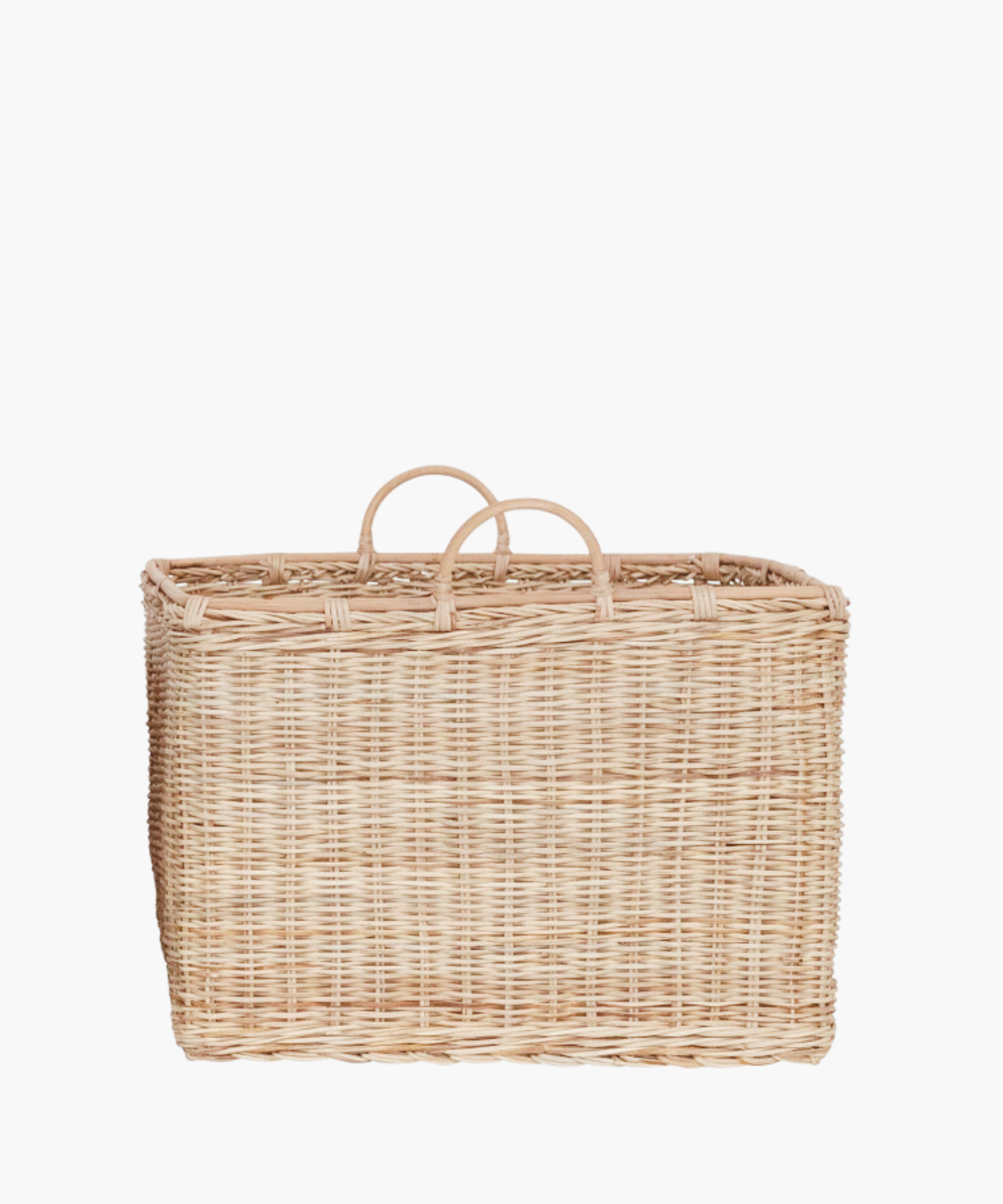 A large, square rattan basket with two rounded handles in a natural finish. The light brown weaving creates an earthy, natural look suitable for storage or decor.