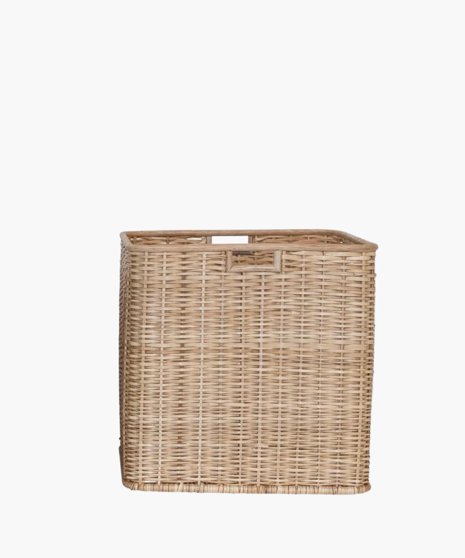 Large square rattan and palm basket with a natural finish, featuring a tight weave and sturdy rectangular shape. Simple and functional, evokes a rustic charm.