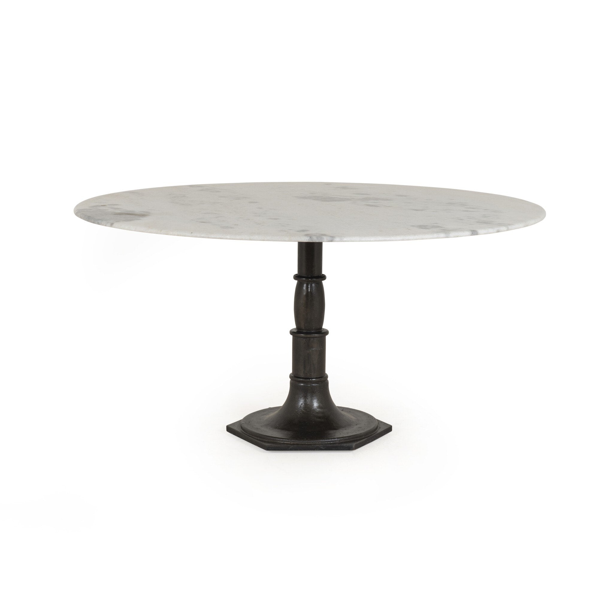 Round marble dining table with a black metal pedestal base on a white background.