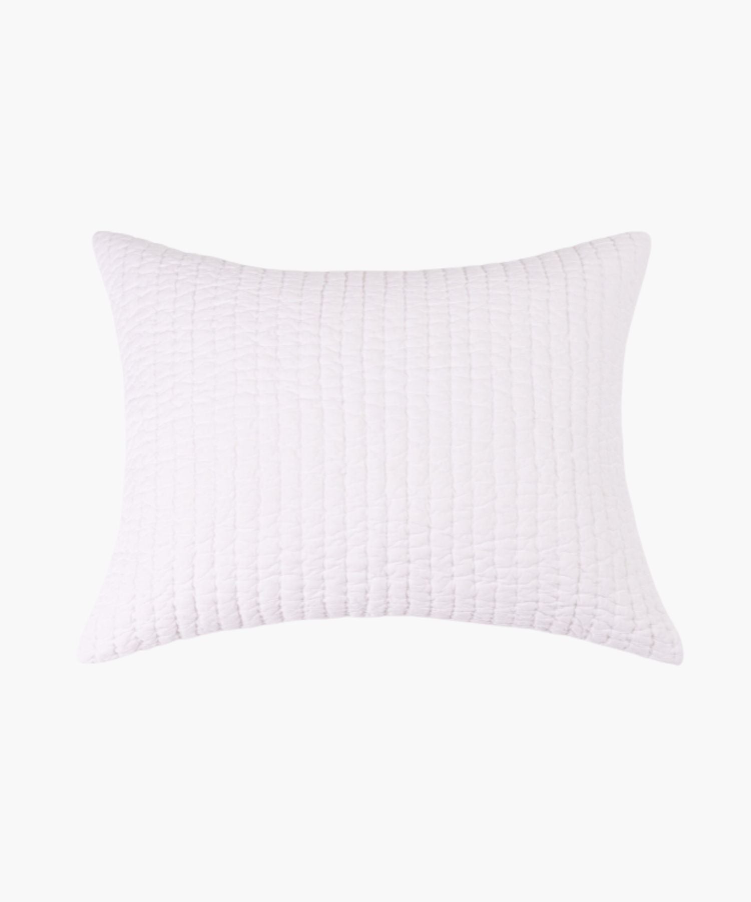 Flat lay of a Maegan Sham in white, featuring detailed hand Kantha quilting across the surface and a lightweight cotton voile finish.