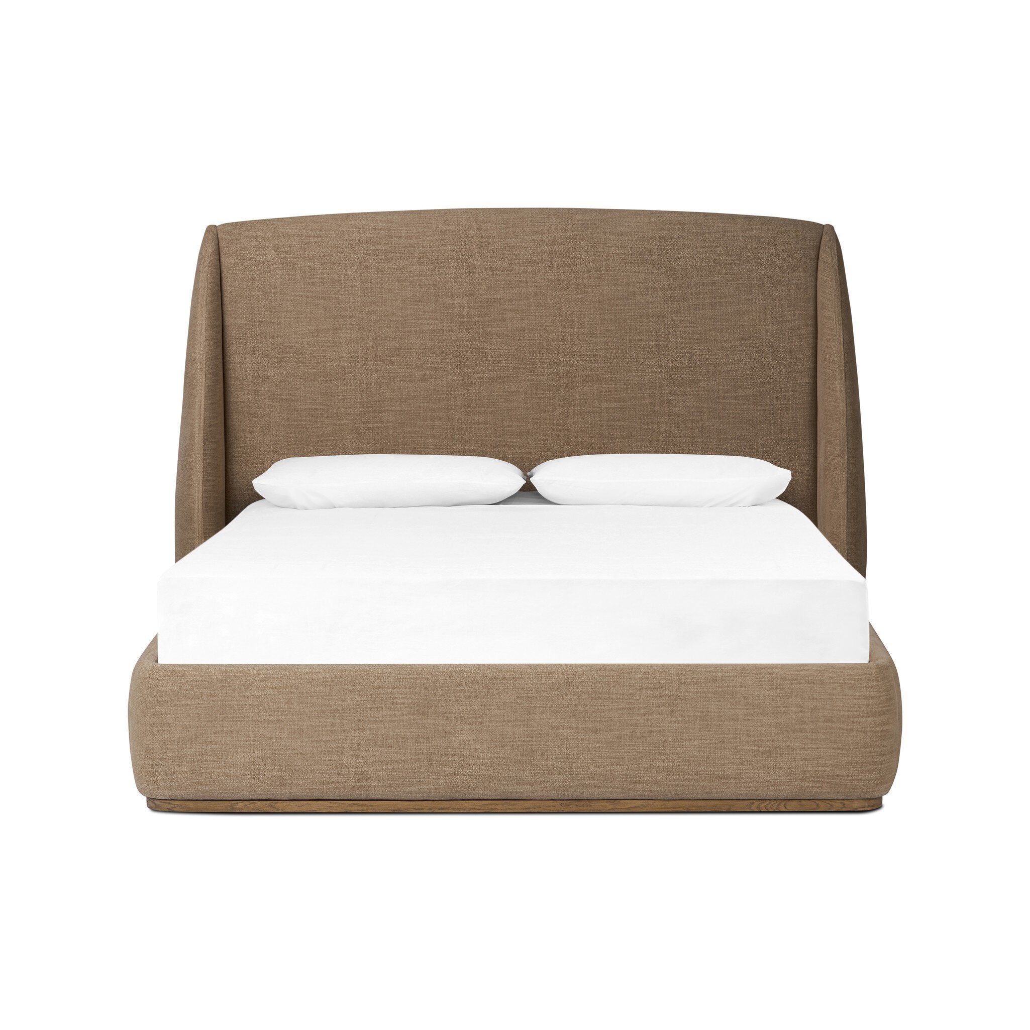 Taupe upholstered bed with white bedding on a white background.
